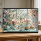 Romantic Cherry Blossom Tea Set Wooden Jigsaw Puzzle - Floral Window Wood Puzzle
