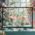 Romantic Cherry Blossom Tea Set Wooden Jigsaw Puzzle Framed, Floral Window Wall Decor