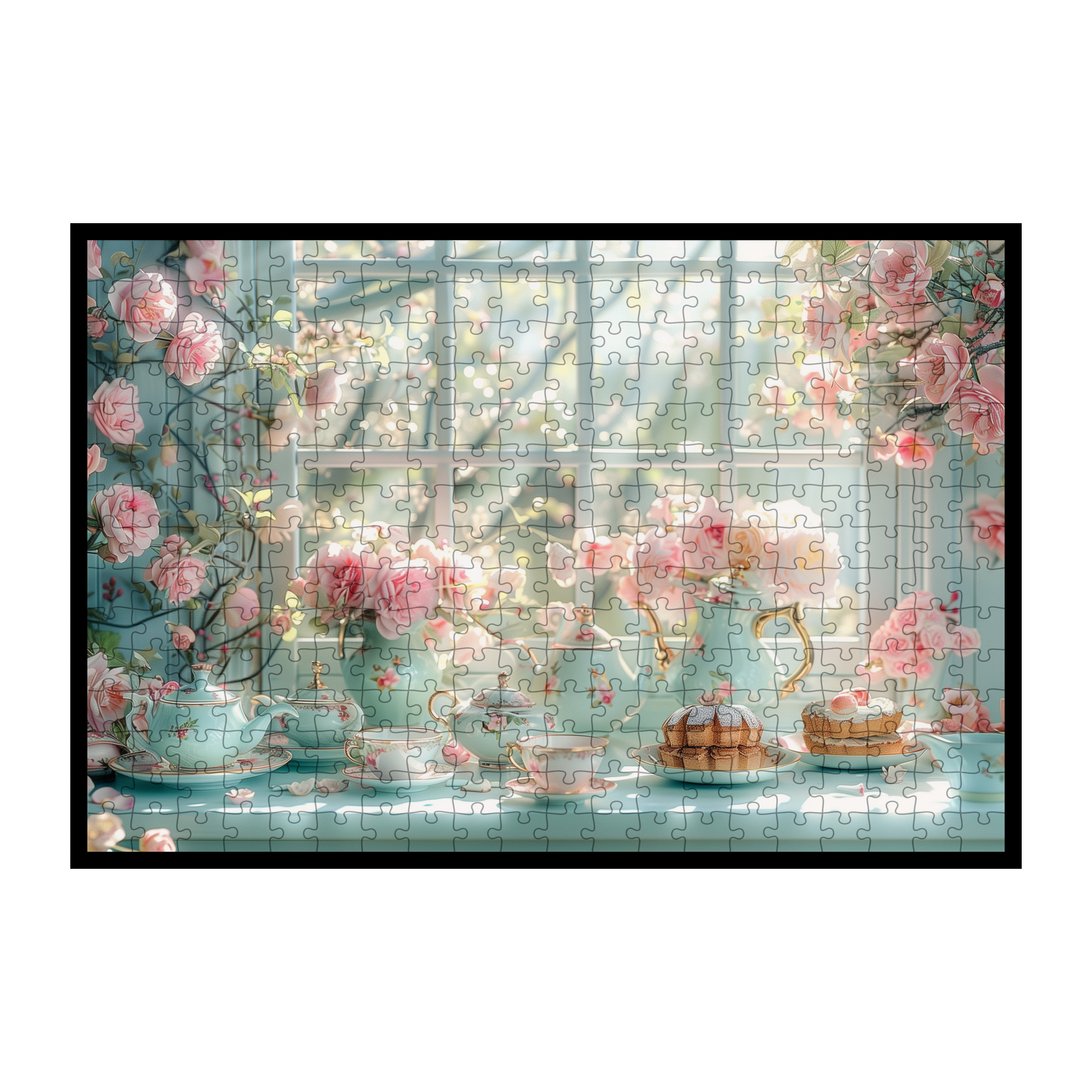 Romantic Cherry Blossom Tea Set Wooden Jigsaw Puzzle Framed, Floral Window Wall Decor