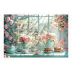Romantic Cherry Blossom Tea Set Wooden Jigsaw Puzzle Framed, Floral Window Wall Decor