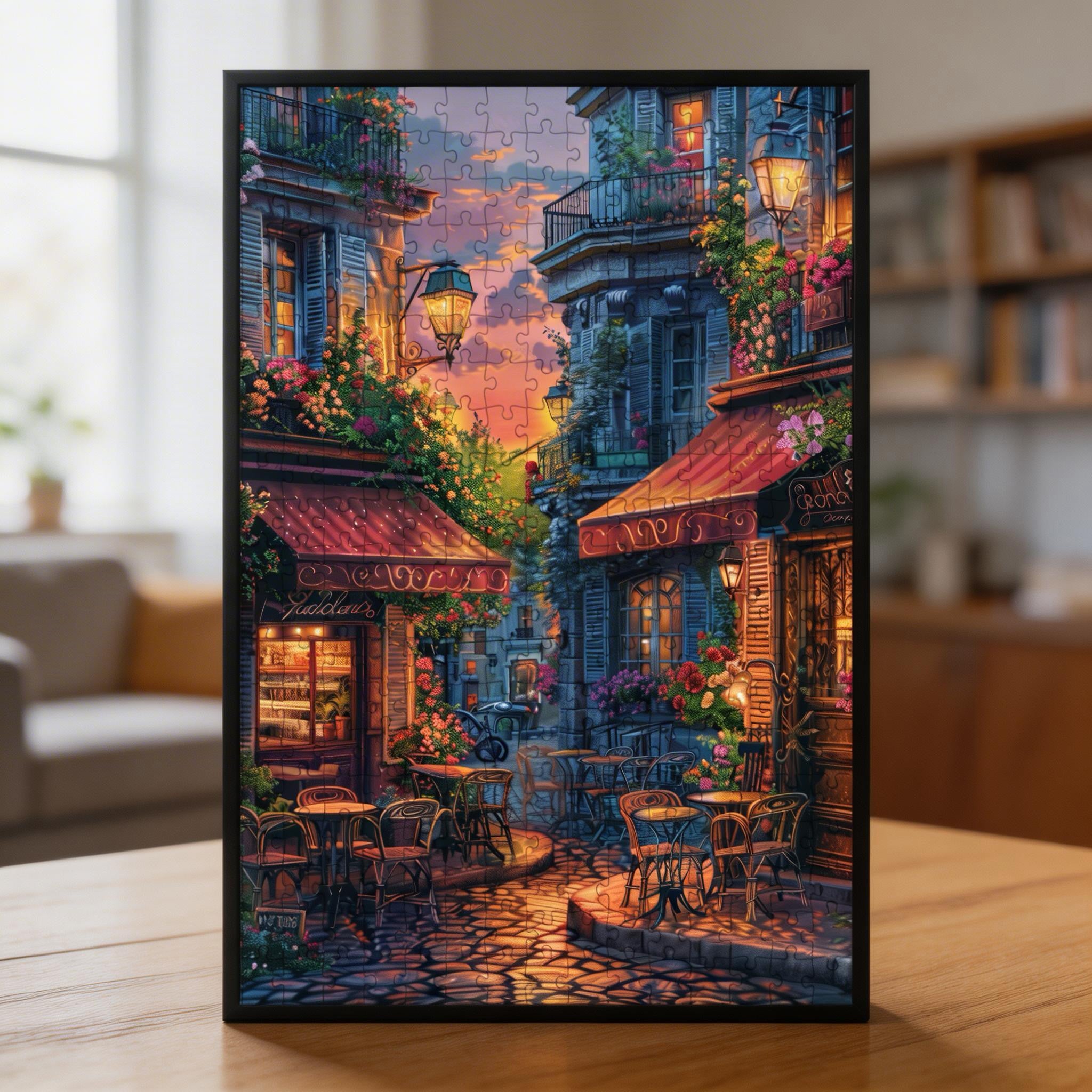 Romantic Street Cafe Sunset Wooden Jigsaw Puzzle - Aesthetic European Landscape Wood Puzzle
