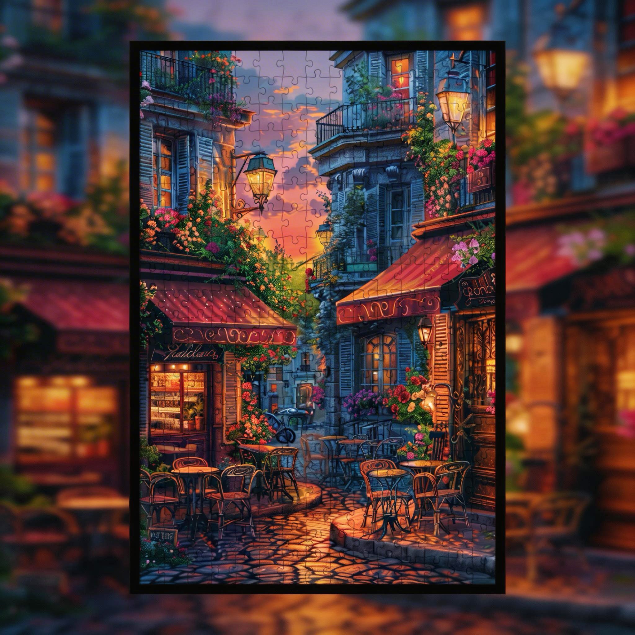 Romantic Parisian Cafe Sunset Wooden Jigsaw Puzzle Framed, French Street Wall Decor