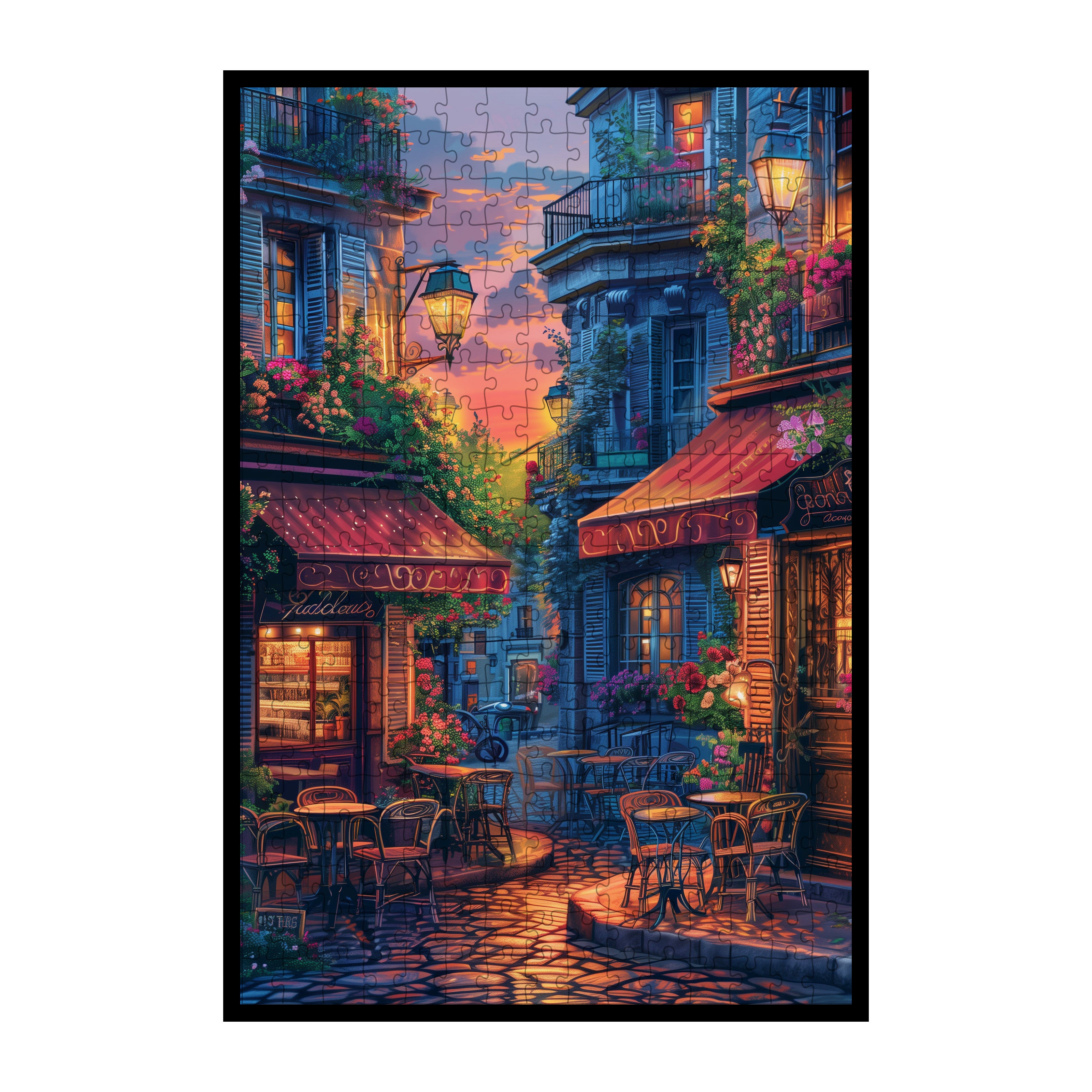 Romantic Parisian Cafe Sunset Wooden Jigsaw Puzzle Framed, French Street Wall Decor