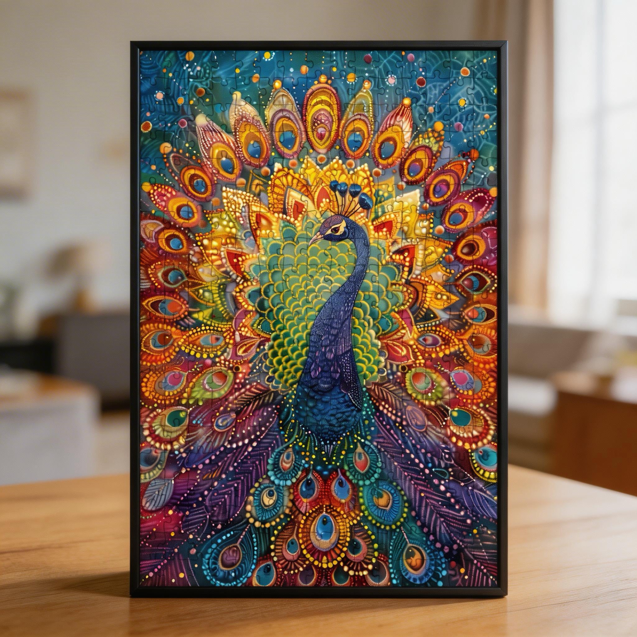 Royal Peacock Mandala Wooden Jigsaw Puzzle - Vibrant Bird Shaped Wood Puzzle - Intricate Decorative Art Piece