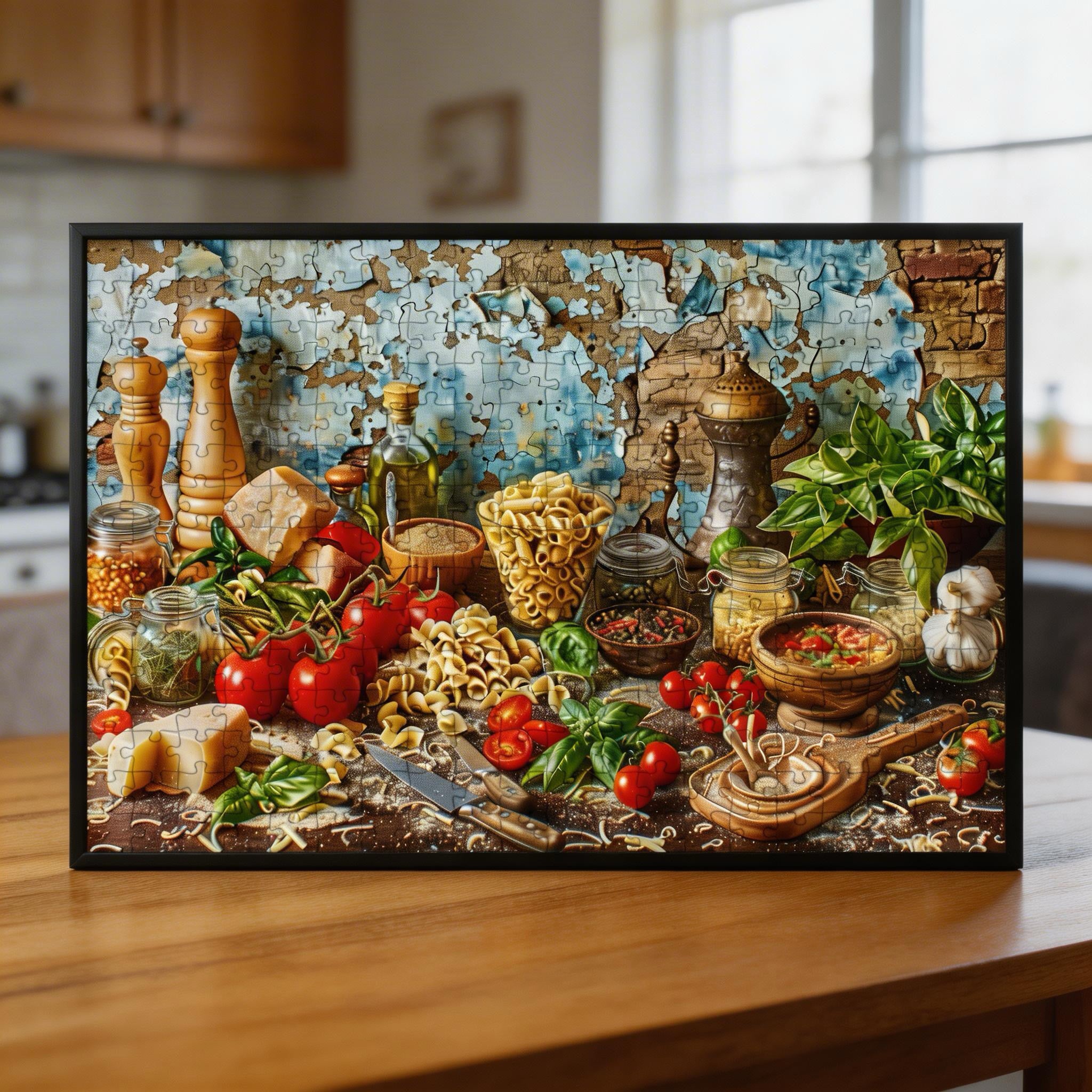 Rustic Italian Pasta Kitchen Wooden Jigsaw Puzzle - Culinary Nook Wood Puzzle for Adults