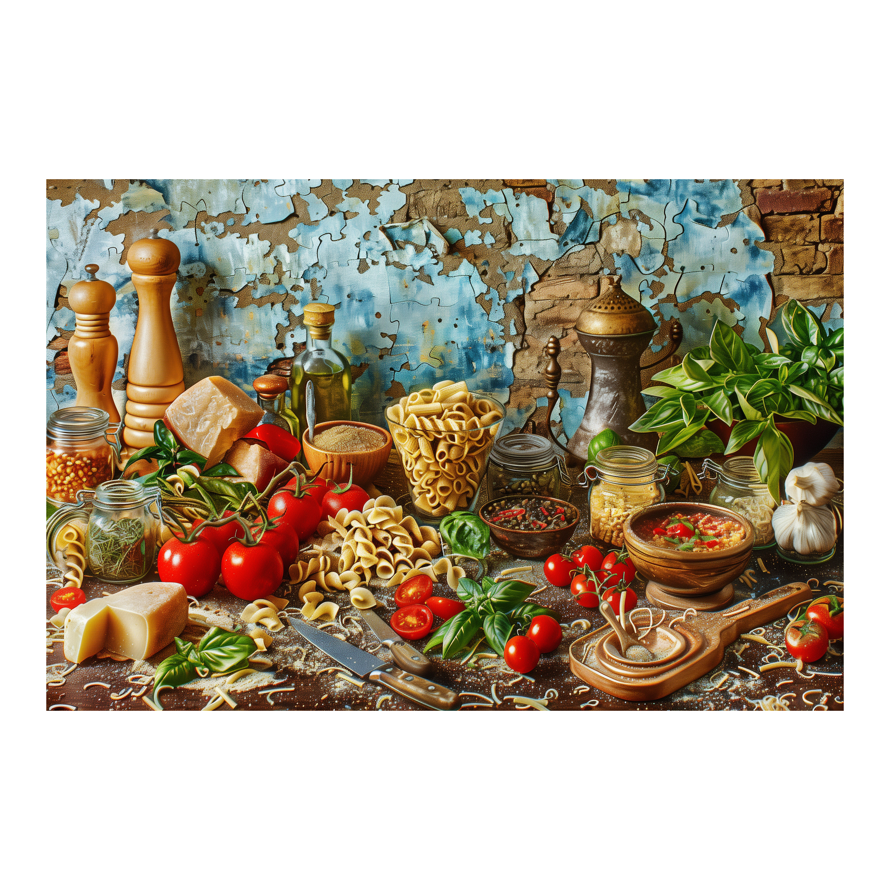 Rustic Italian Pasta Kitchen Wooden Jigsaw Puzzle Framed, Culinary Nook Wall Decor