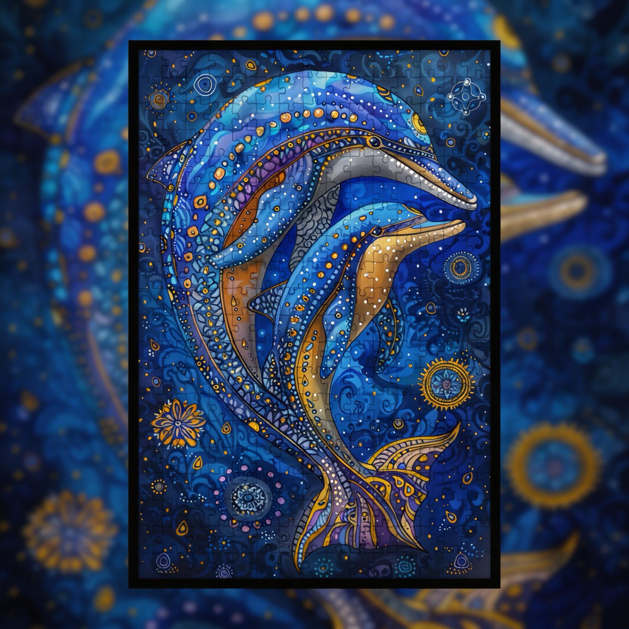 Serene Dolphin Mandala Wooden Jigsaw Puzzle - Ocean Themed Animal Shaped Wood Puzzle - Zen Decor