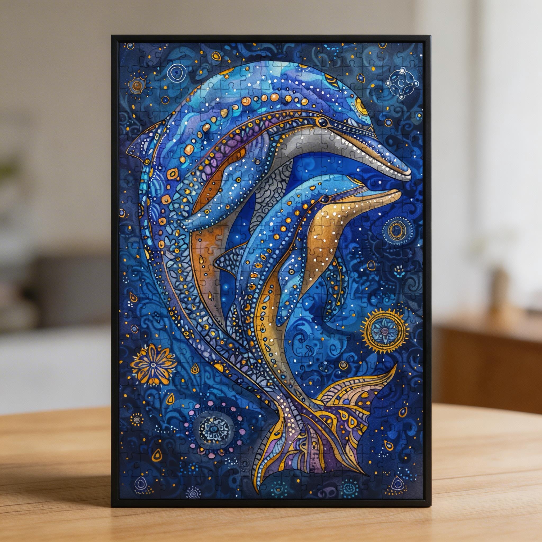 Serene Dolphin Mandala Wooden Jigsaw Puzzle - Ocean Themed Animal Shaped Wood Puzzle - Zen Decor