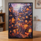 Spooky Halloween Pumpkin Town Wooden Jigsaw Puzzle - Haunted Village Wood Puzzle