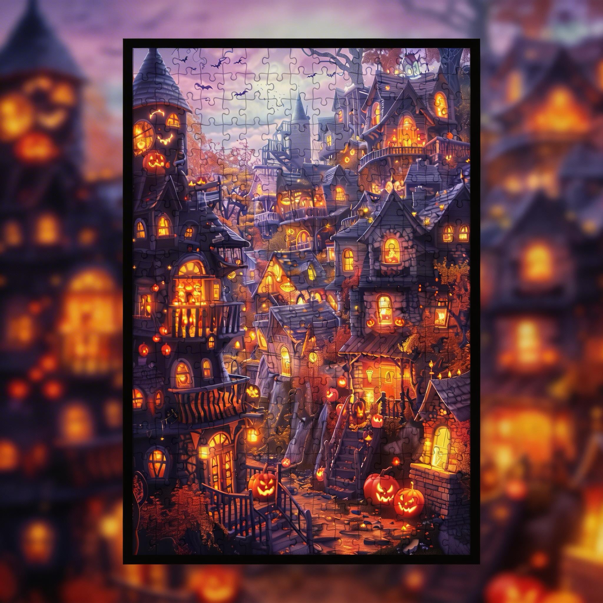 Spooky Halloween Pumpkin Town Wooden Jigsaw Puzzle Framed, Haunted Village Wall Decor