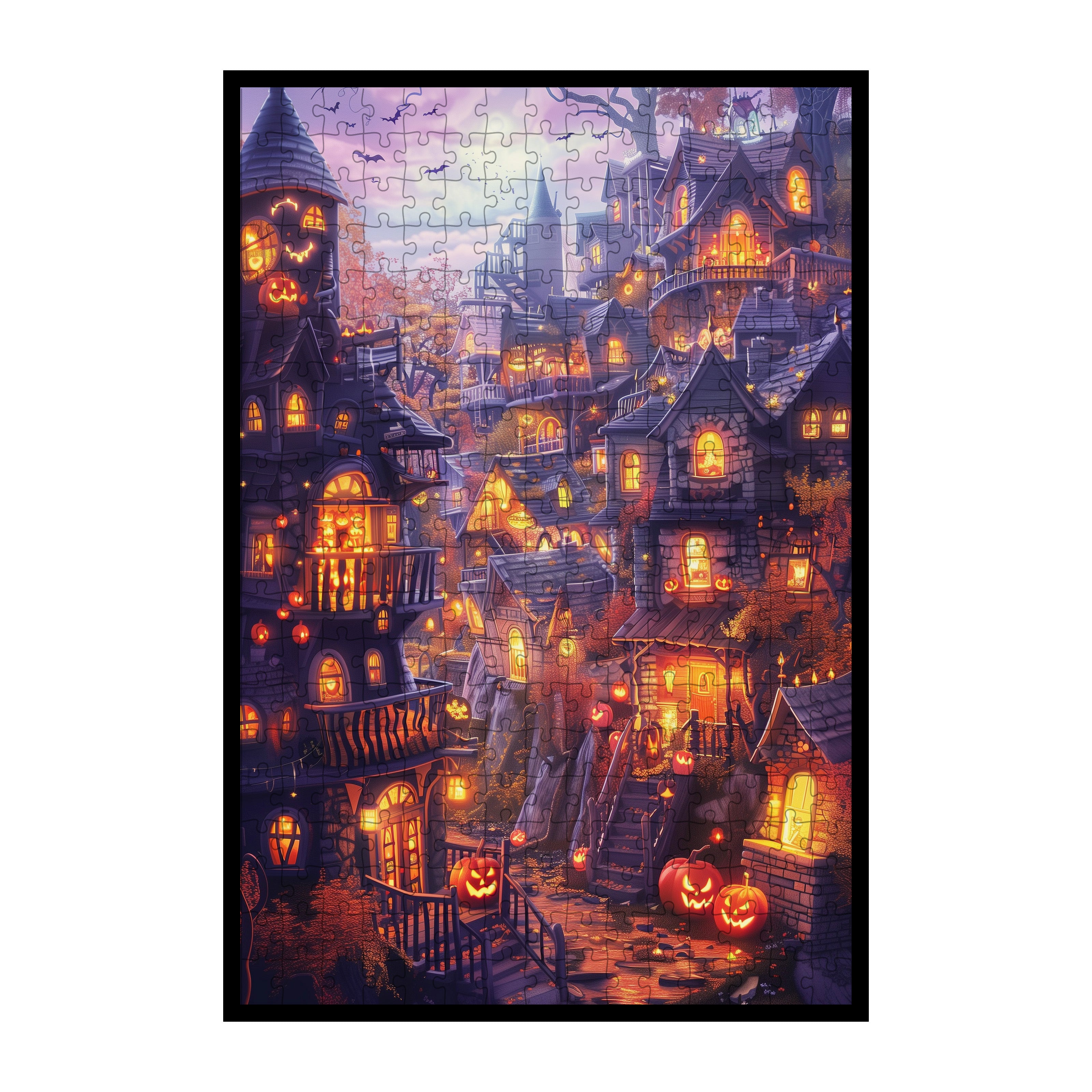 Spooky Halloween Pumpkin Town Wooden Jigsaw Puzzle Framed, Haunted Village Wall Decor