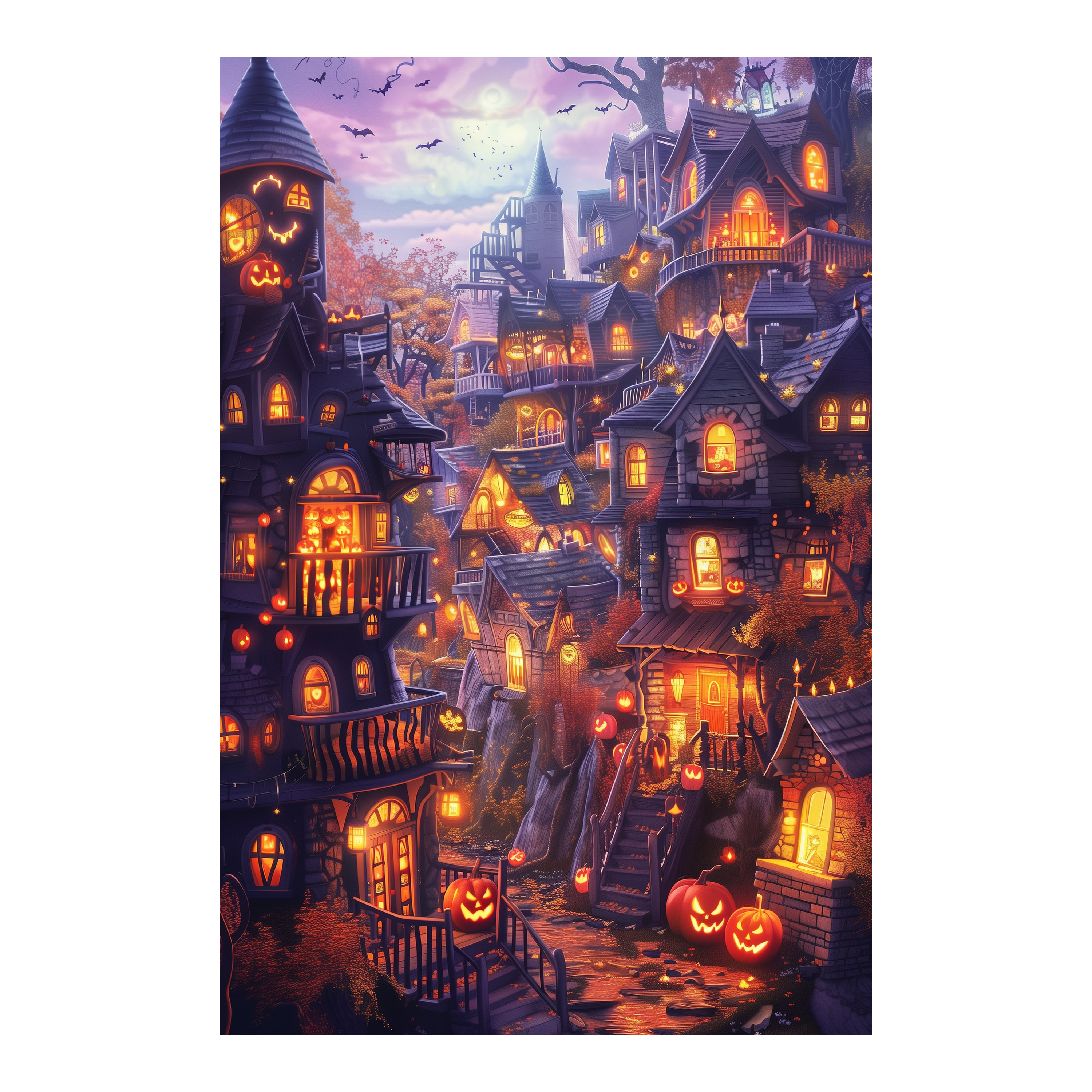 Spooky Halloween Pumpkin Town Wooden Jigsaw Puzzle Framed, Haunted Village Wall Decor