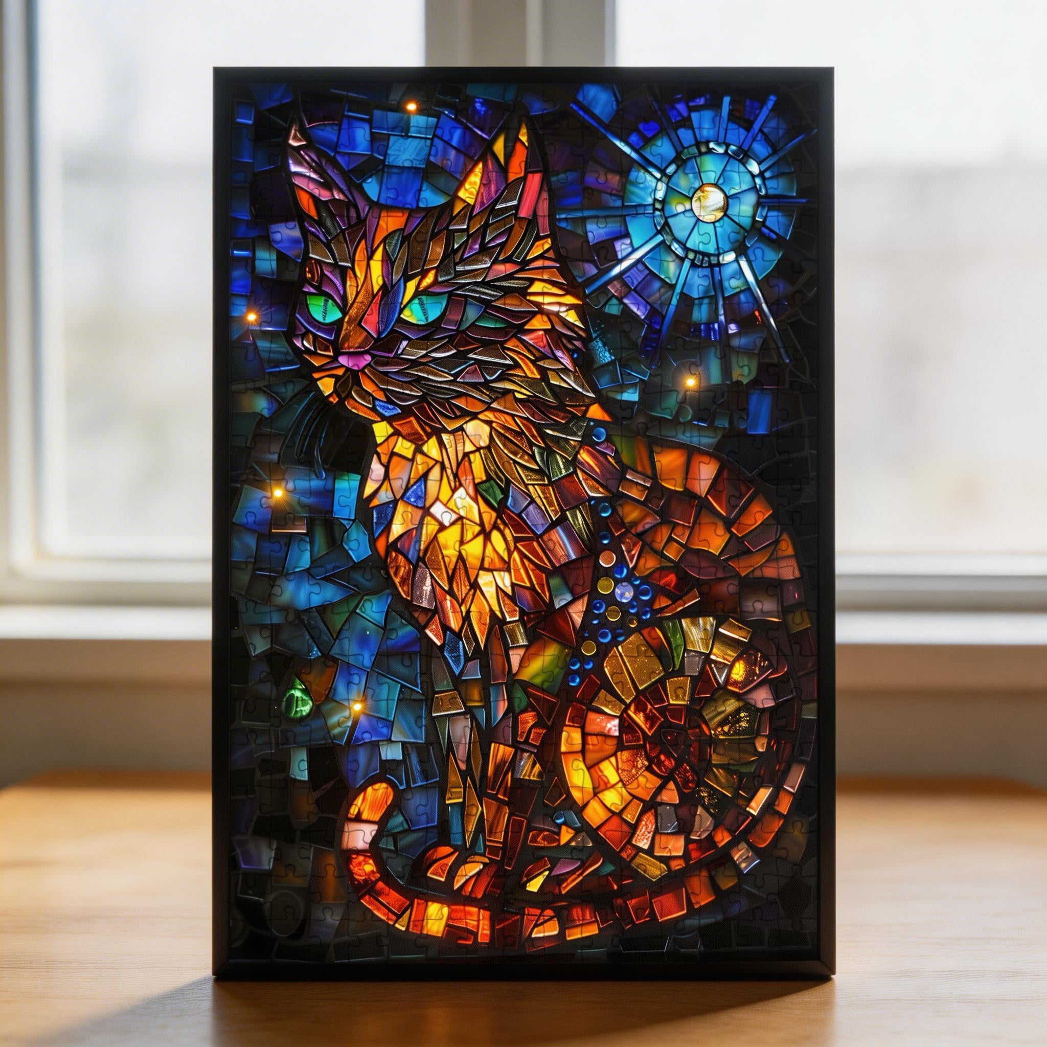 Stained Glass Artistic Cat Wooden Puzzle - Unique Animal Shaped Jigsaw