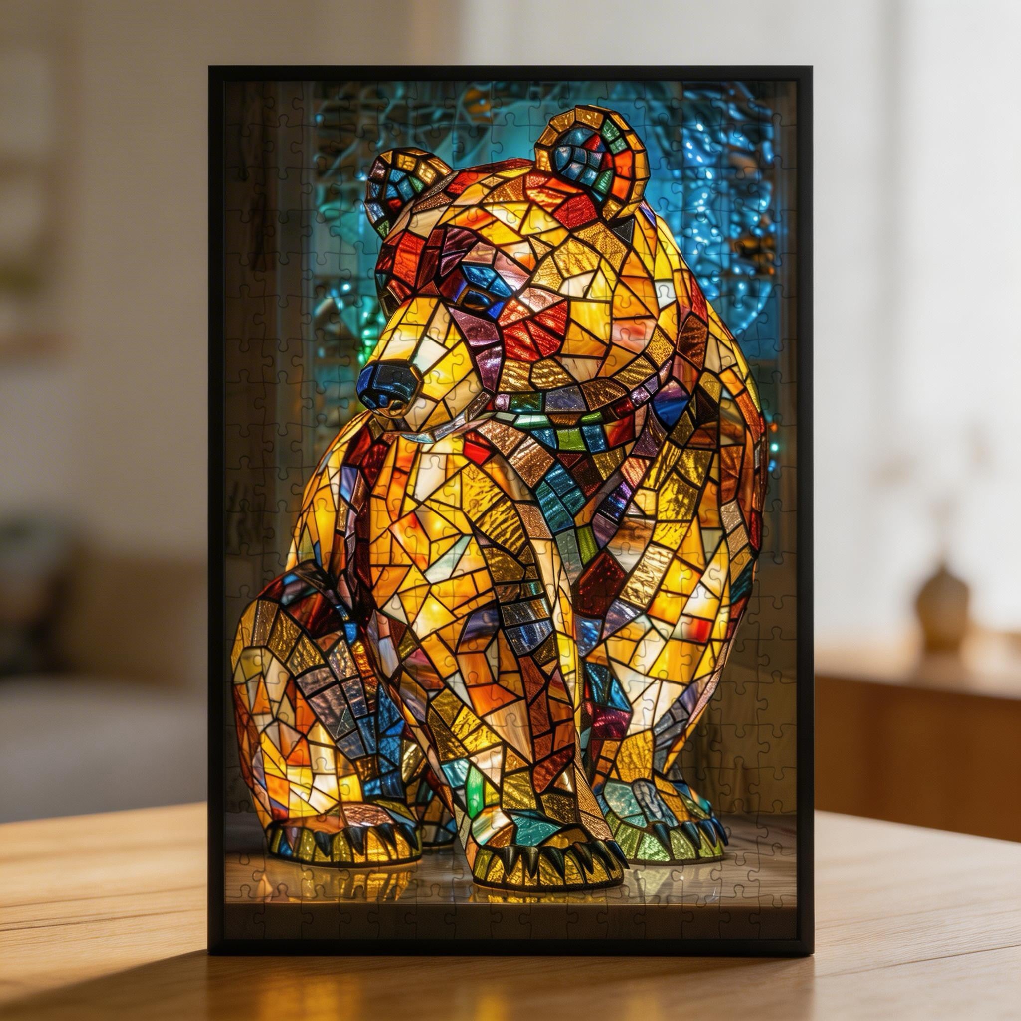 Stained Glass Bear Wooden Puzzle - Majestic Animal Shaped Jigsaw for Adults
