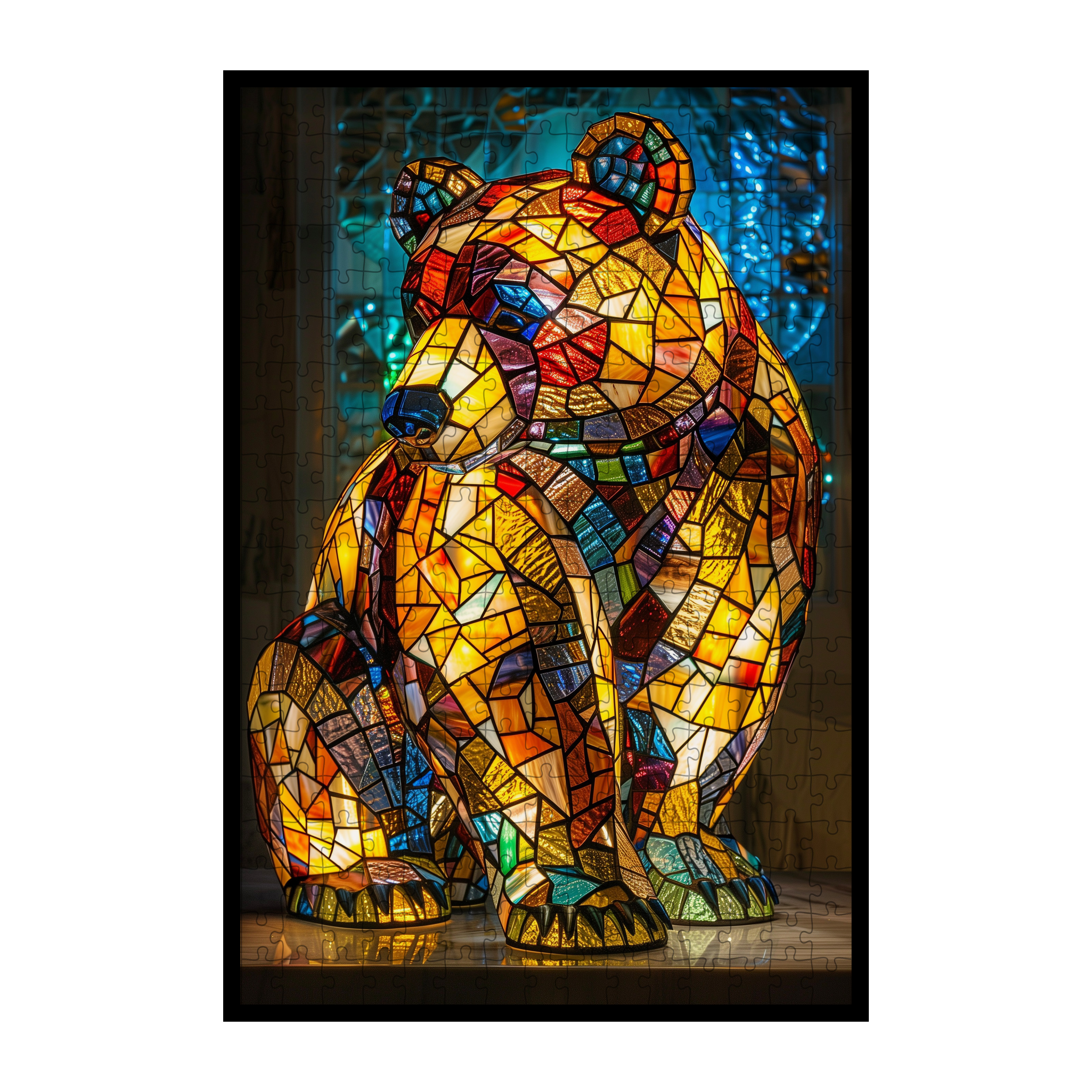 Stained Glass Bear Wooden Puzzle - Majestic Animal Shaped Jigsaw for Adults