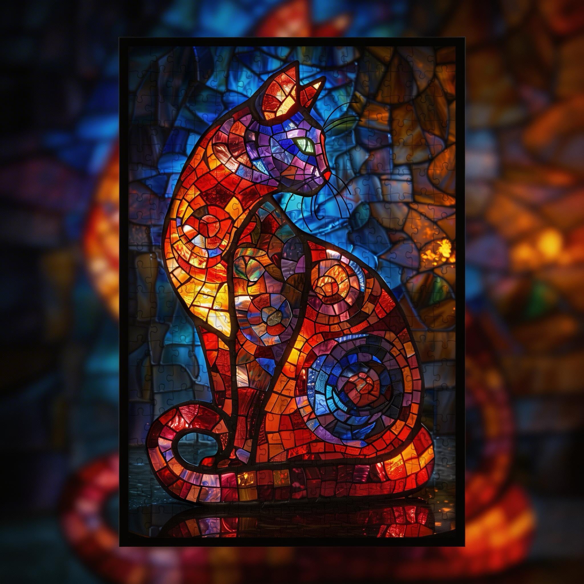 Stained Glass Cat Wooden Puzzle - Unique Animal Shaped Jigsaw for Adults