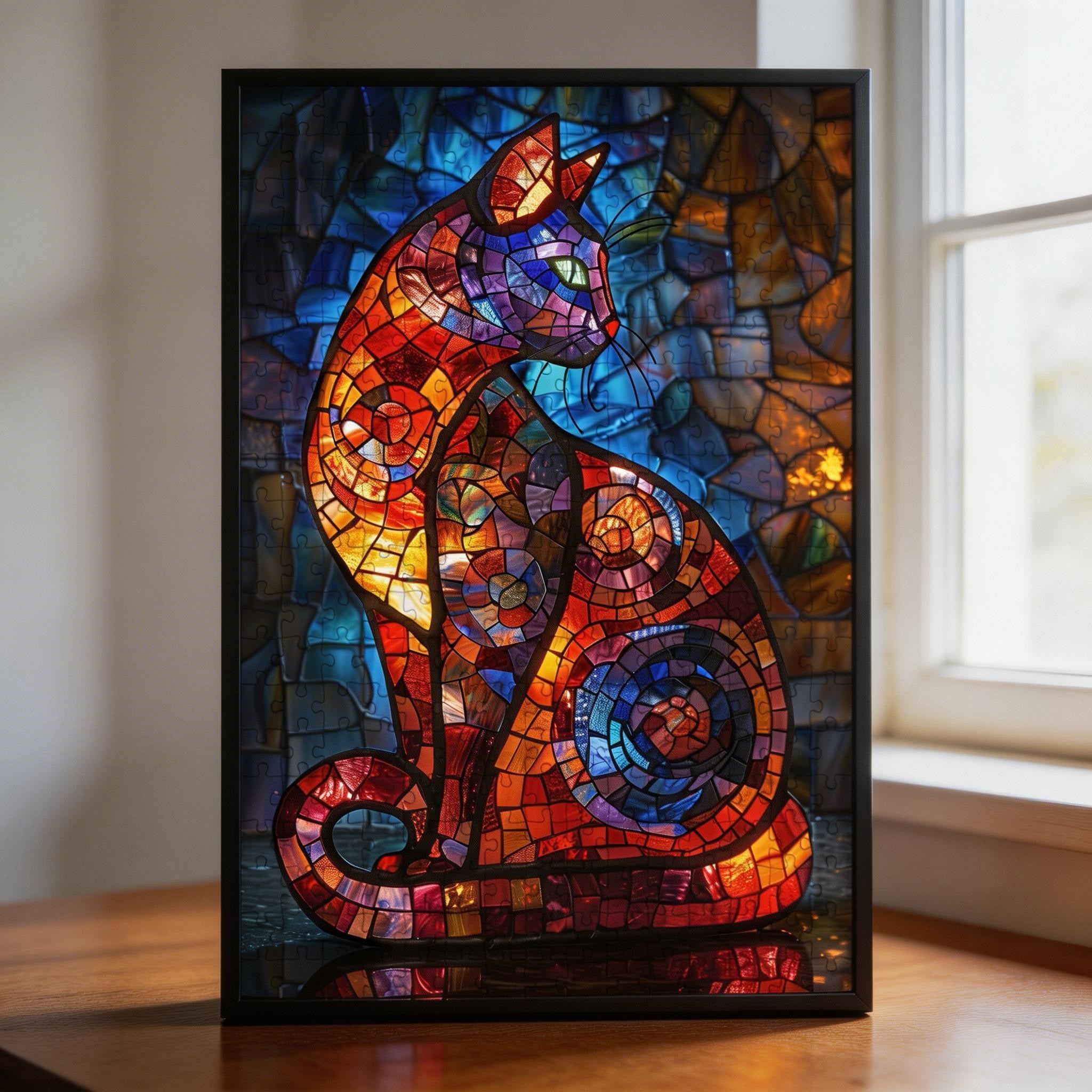 Stained Glass Cat Wooden Puzzle - Unique Animal Shaped Jigsaw for Adults