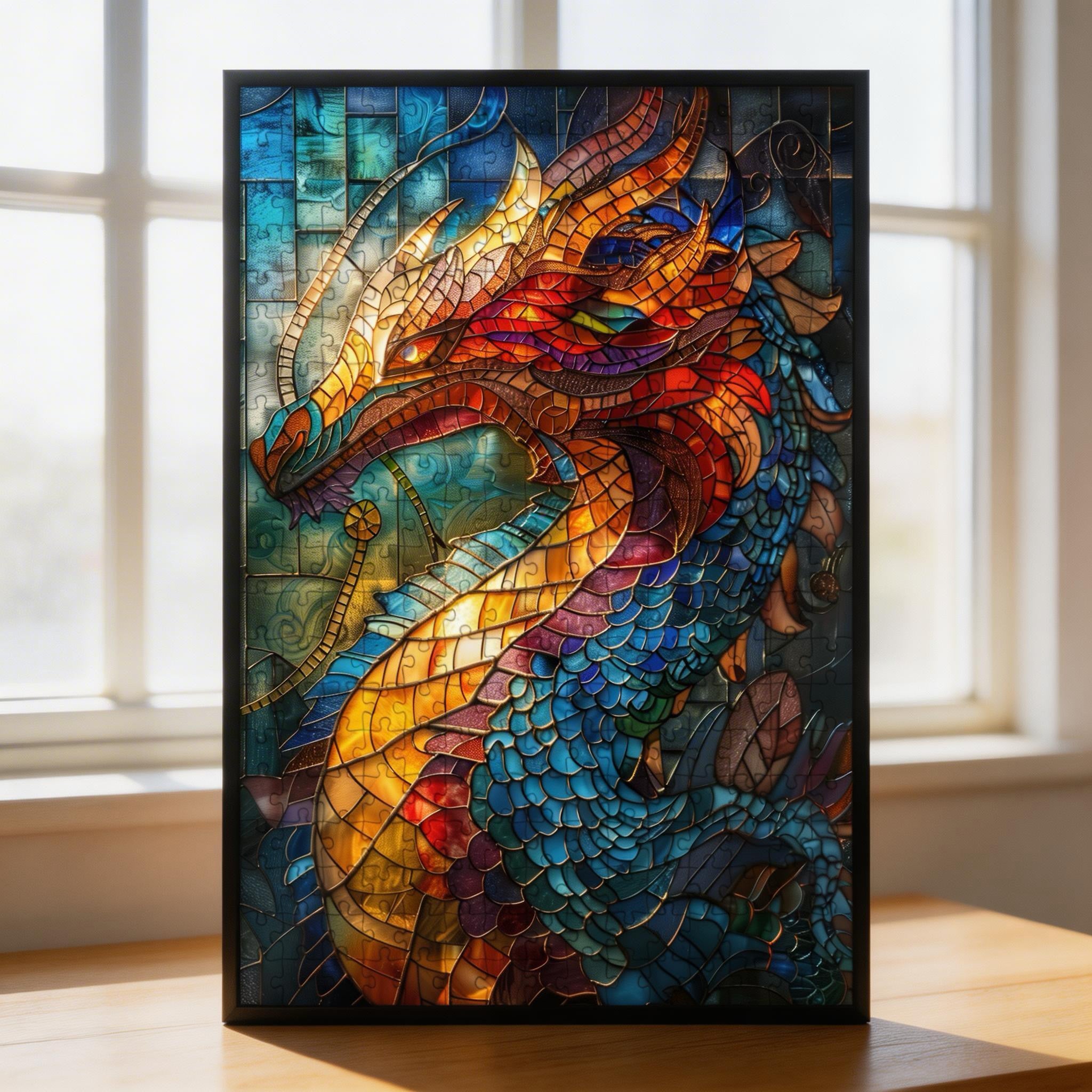 Stained Glass Dragon Wooden Puzzle - Challenging Animal Jigsaw for Adults