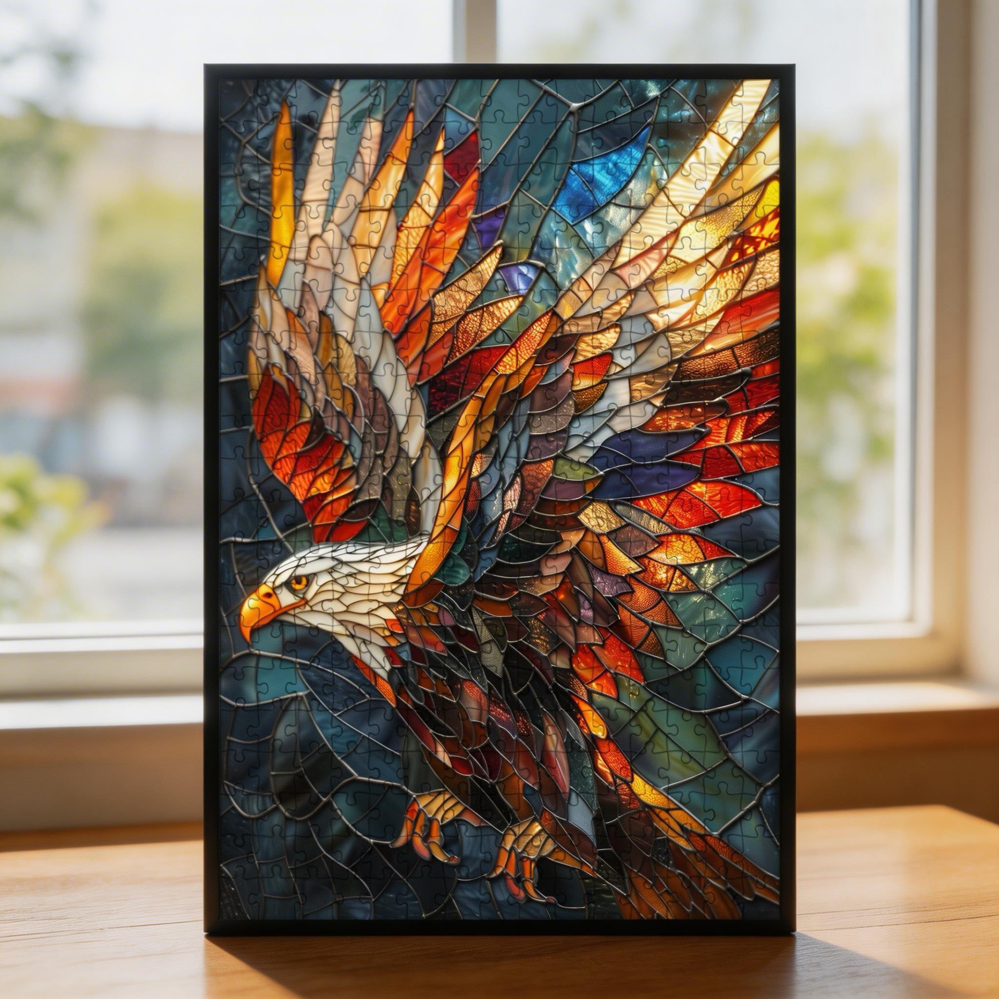 Stained Glass Eagle Wooden Puzzle - Bold Bird Shaped Jigsaw for Adults