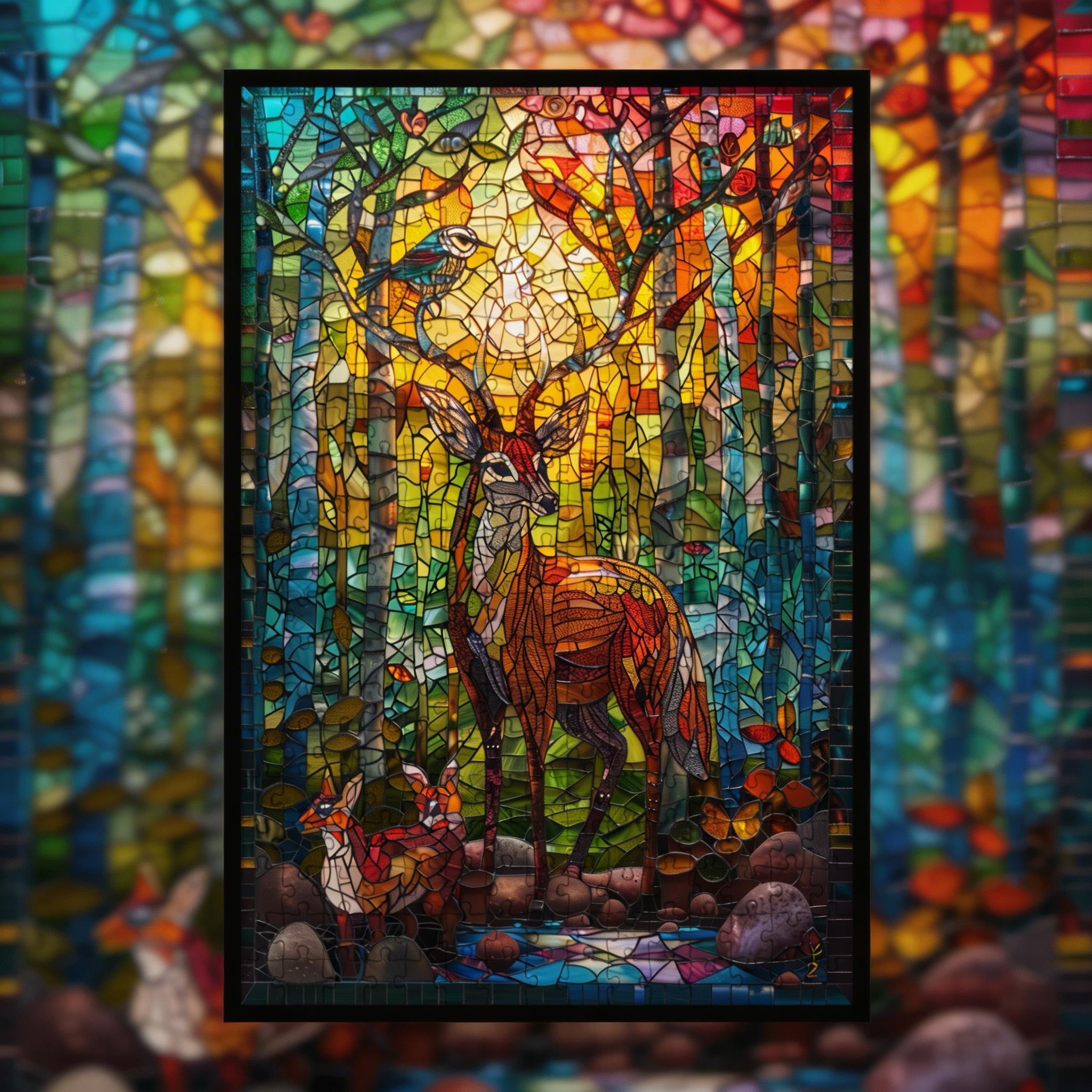Stained Glass Forest Animals Wooden Puzzle - Large Intricate Jigsaw for Adults