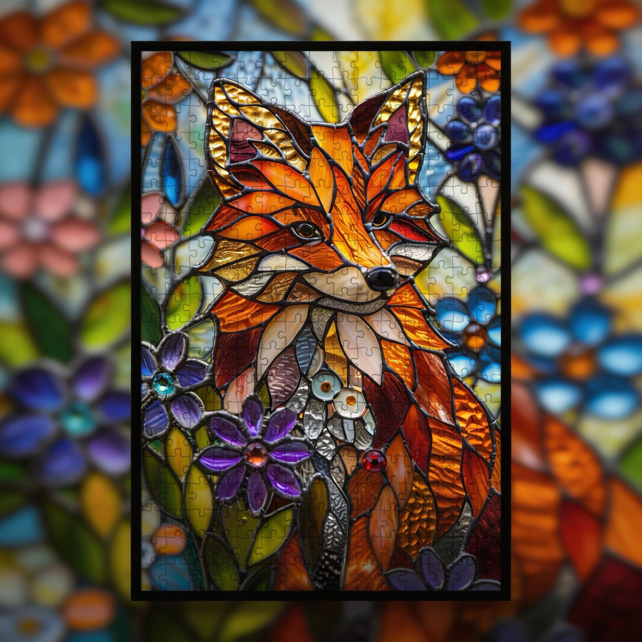 Stained Glass Fox Wooden Puzzle - Artistic Animal Shaped Jigsaw for Adults