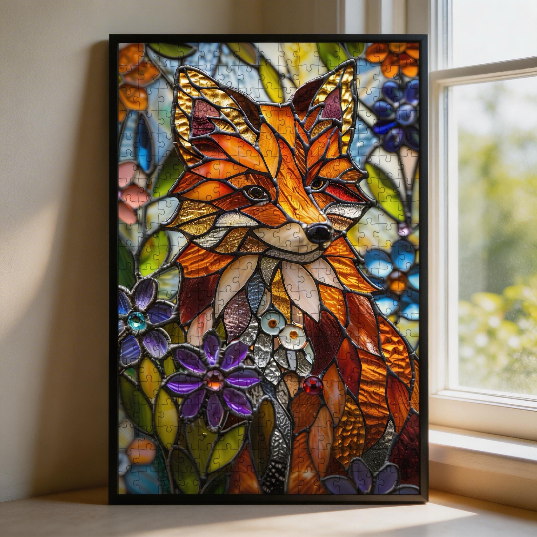 Stained Glass Fox Wooden Puzzle - Artistic Animal Shaped Jigsaw for Adults