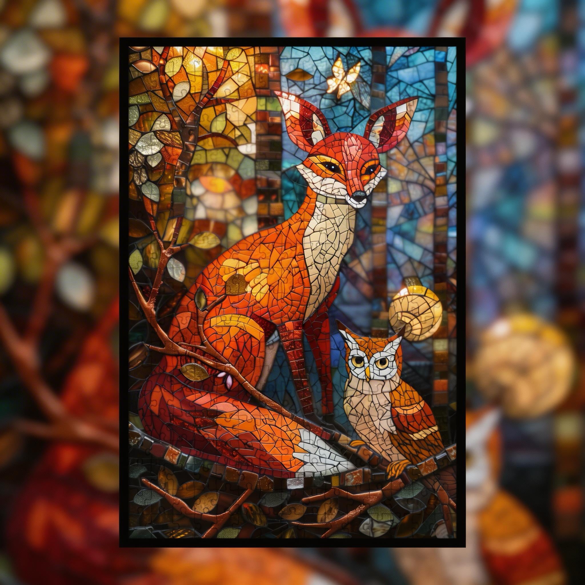 Stained Glass Fox Wooden Puzzle - Unique Animal Shaped Jigsaw Gift