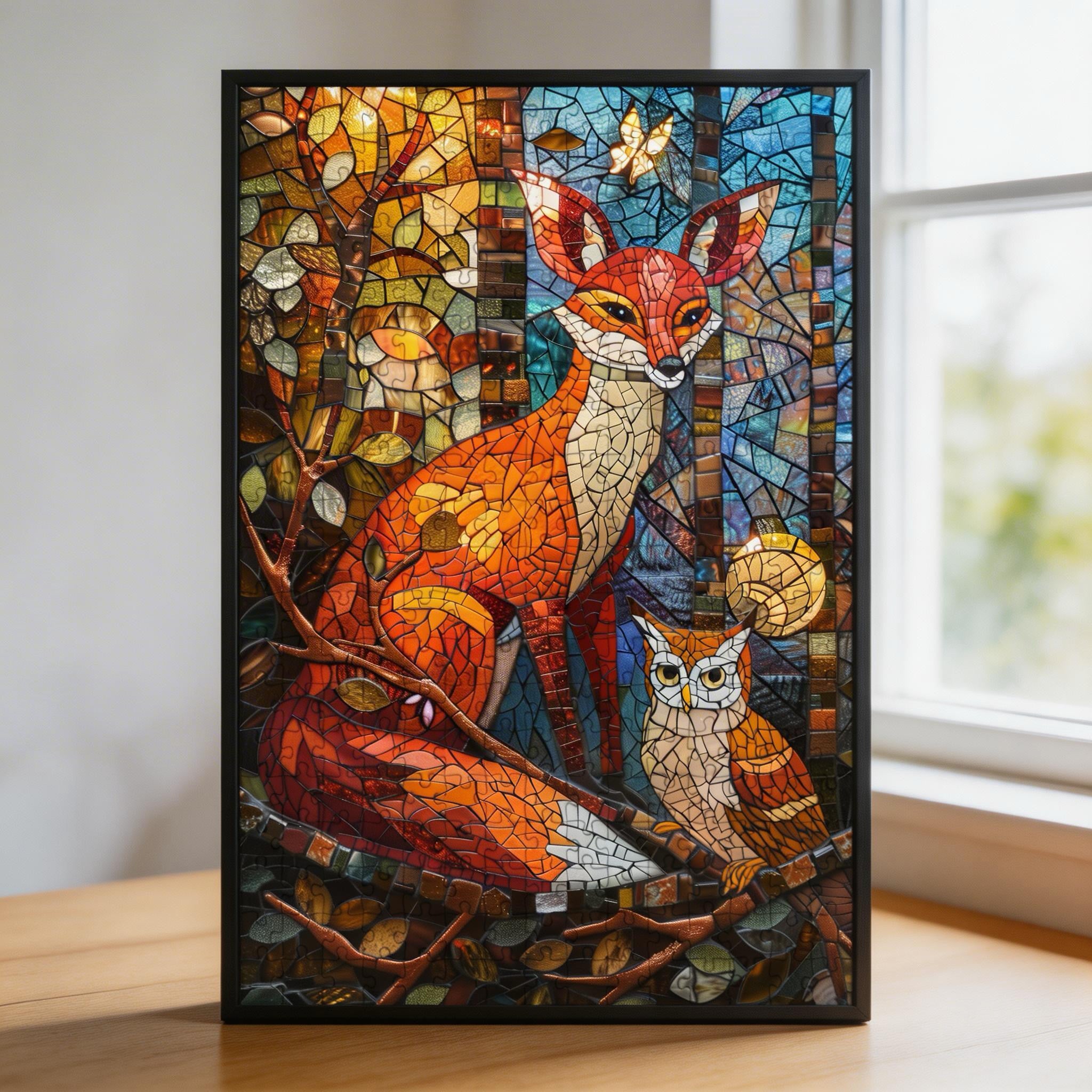 Stained Glass Fox Wooden Puzzle - Unique Animal Shaped Jigsaw Gift