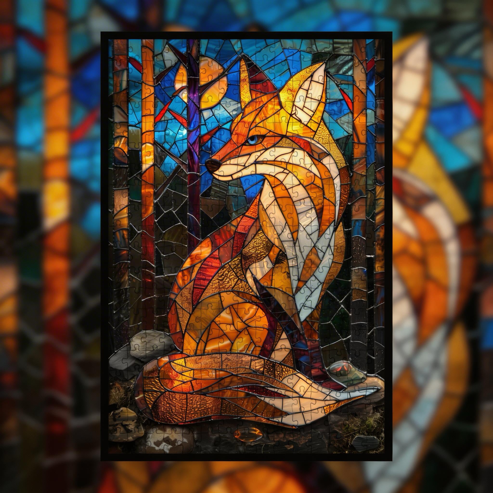 Stained Glass Fox Wooden Puzzle - Vibrant Animal Shaped Jigsaw for Adults