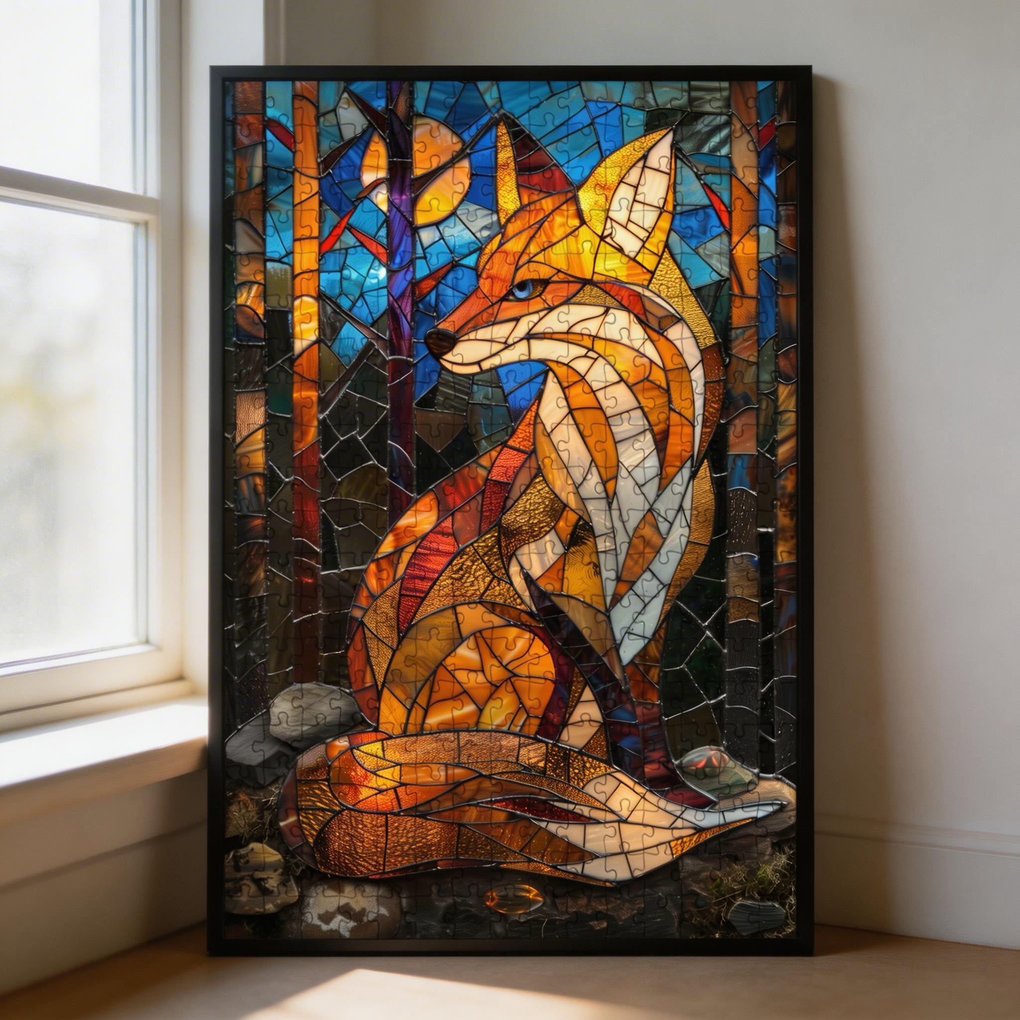 Stained Glass Fox Wooden Puzzle - Vibrant Animal Shaped Jigsaw for Adults