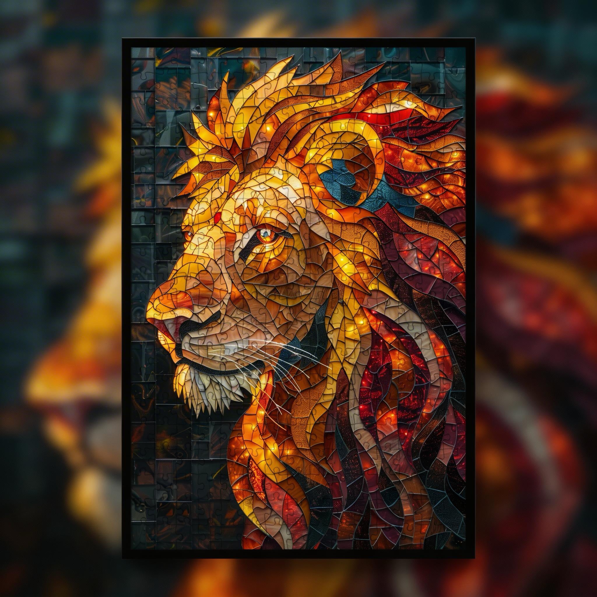 Stained Glass Lion Profile Wooden Puzzle - Artistic Animal Jigsaw for Adults