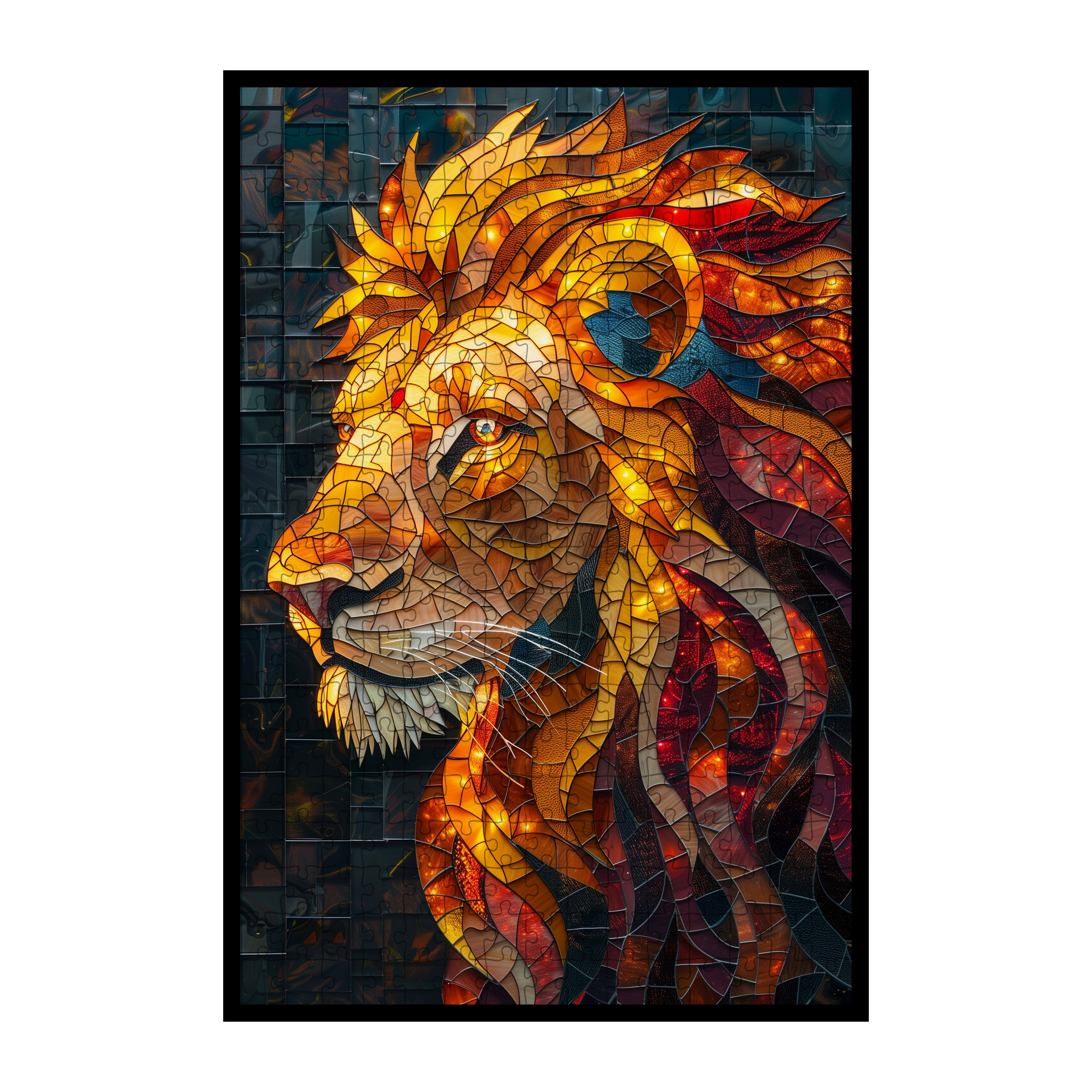 Stained Glass Lion Profile Wooden Puzzle - Artistic Animal Jigsaw for Adults