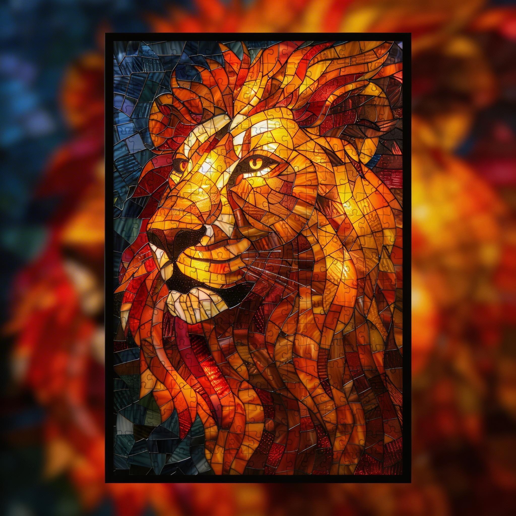 Stained Glass Lion Wooden Puzzle - Large Animal Shaped Jigsaw for Adults