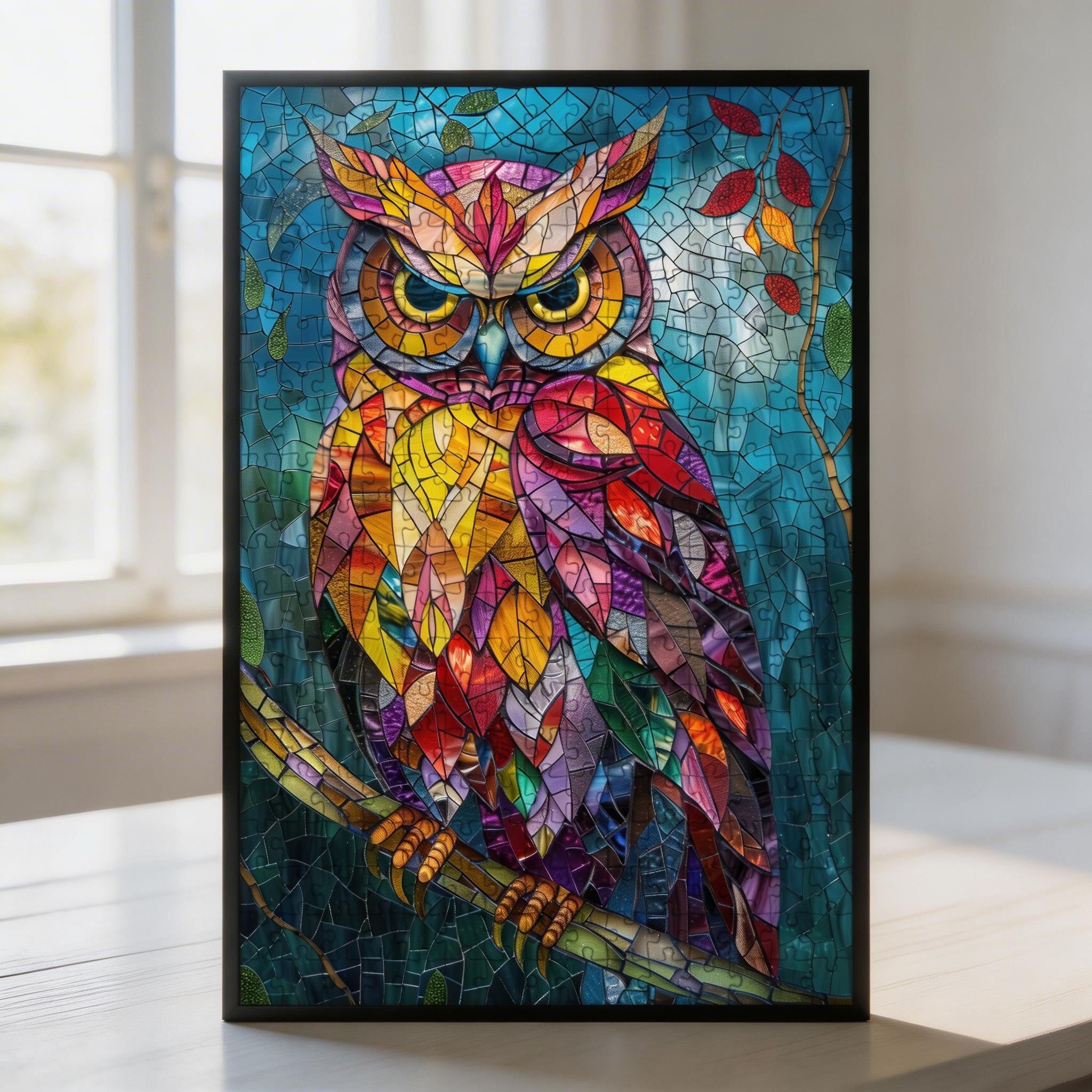 Stained Glass Owl Wooden Puzzle - Artistic Bird Shaped Jigsaw for Adults