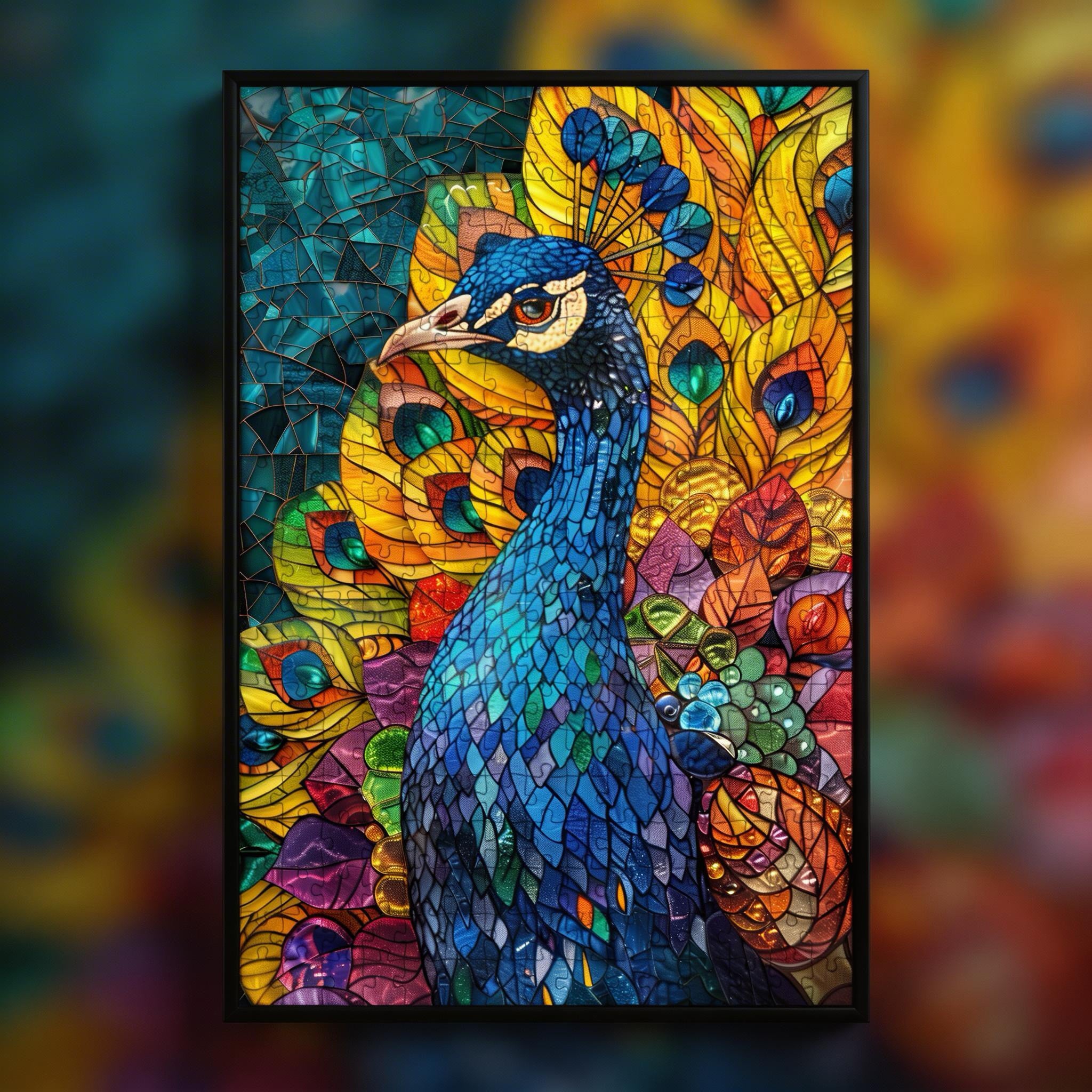 Stained Glass Peacock Wooden Puzzle - Elegant Bird Shaped Jigsaw for Adults