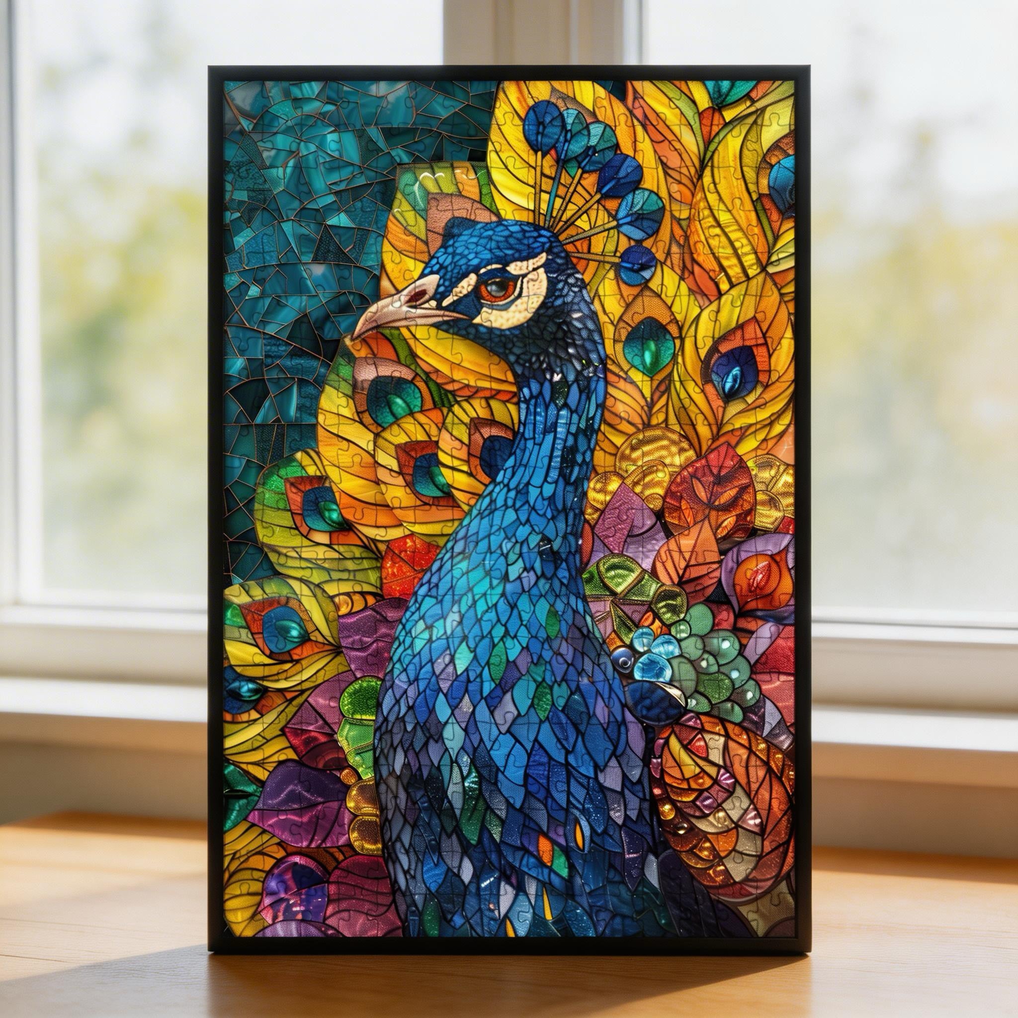 Stained Glass Peacock Wooden Puzzle - Elegant Bird Shaped Jigsaw for Adults
