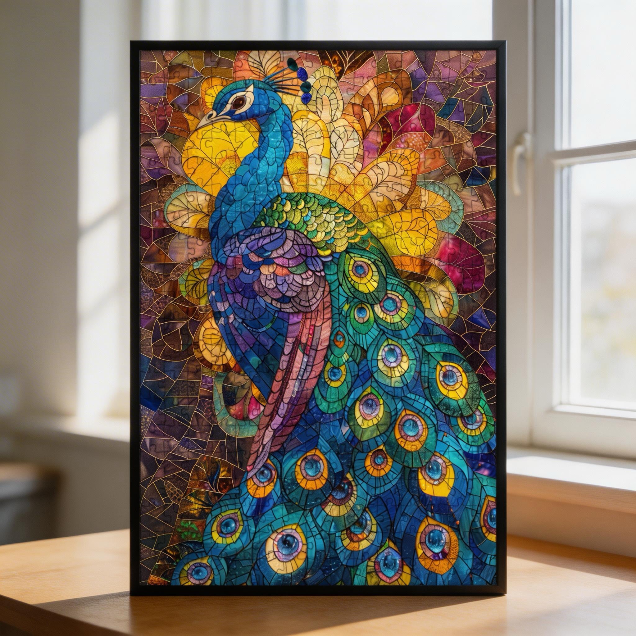Stained Glass Peacock Wooden Puzzle - Unique Large Animal Jigsaw