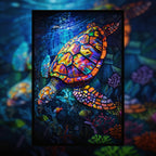 Stained Glass Sea Turtle Wooden Puzzle - Unique Ocean Animal Jigsaw Art