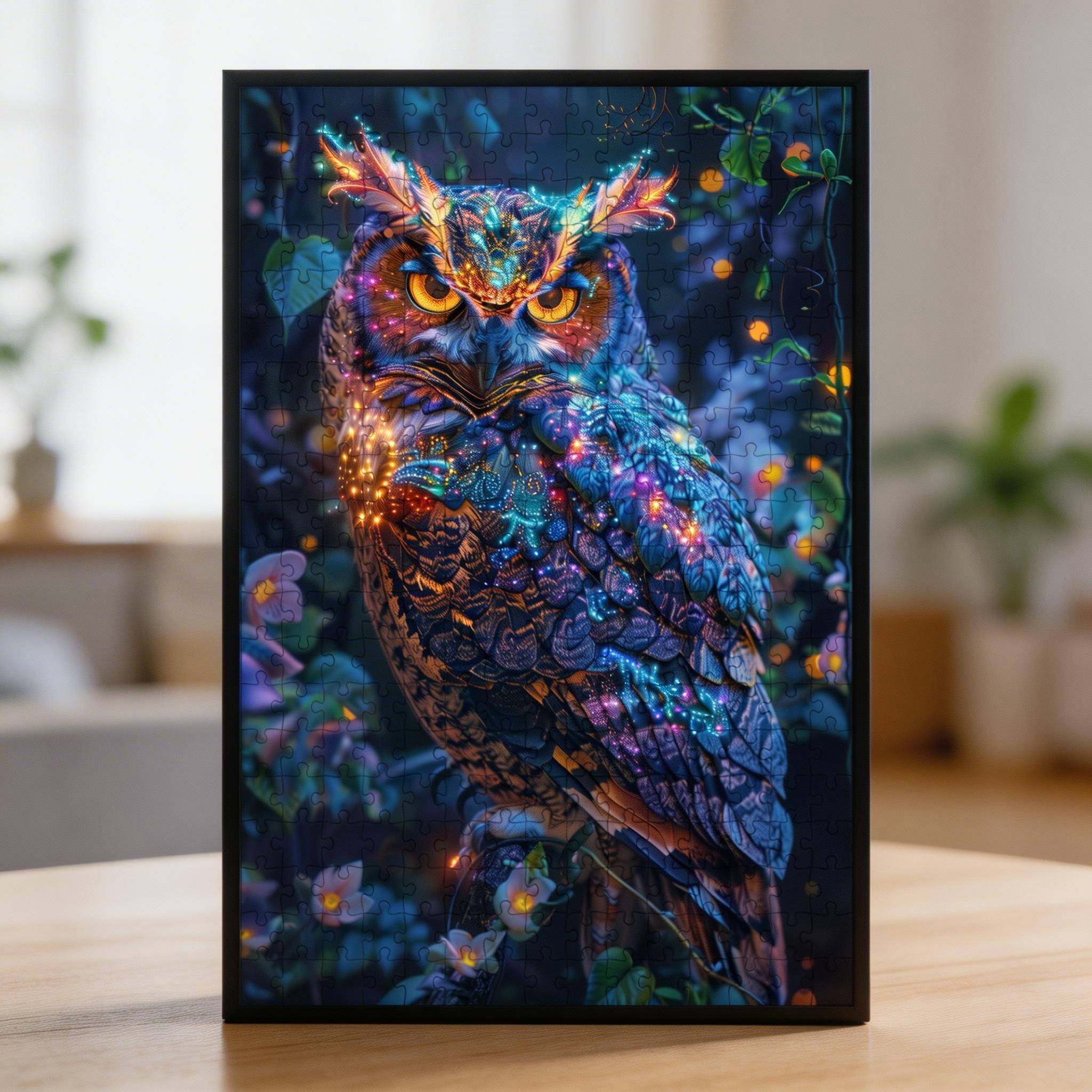 Starlit Owl Shaped Wooden Jigsaw Puzzle - Celestial Wildlife Wood Puzzle for Adults