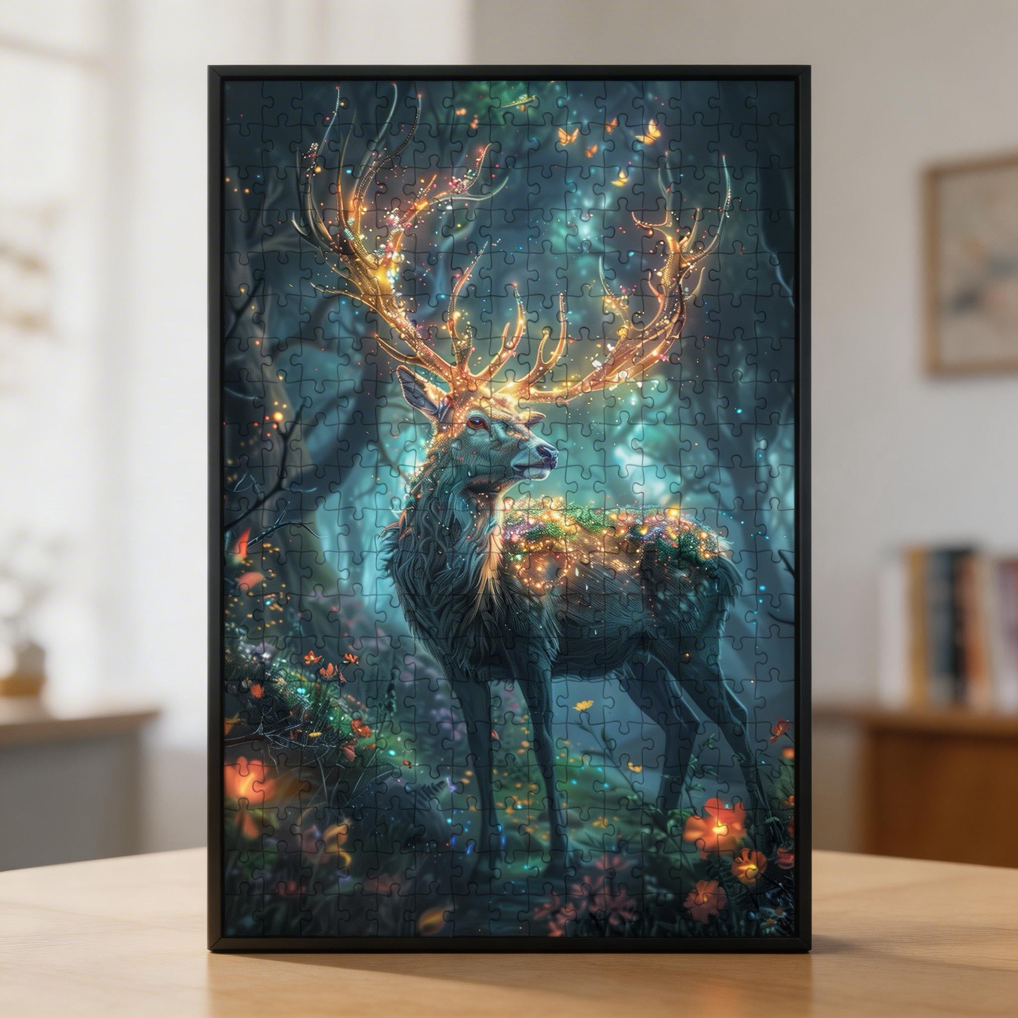 Starlit Stag Shaped Wooden Jigsaw Puzzle - Enchanted Forest Wood Puzzle for Adults