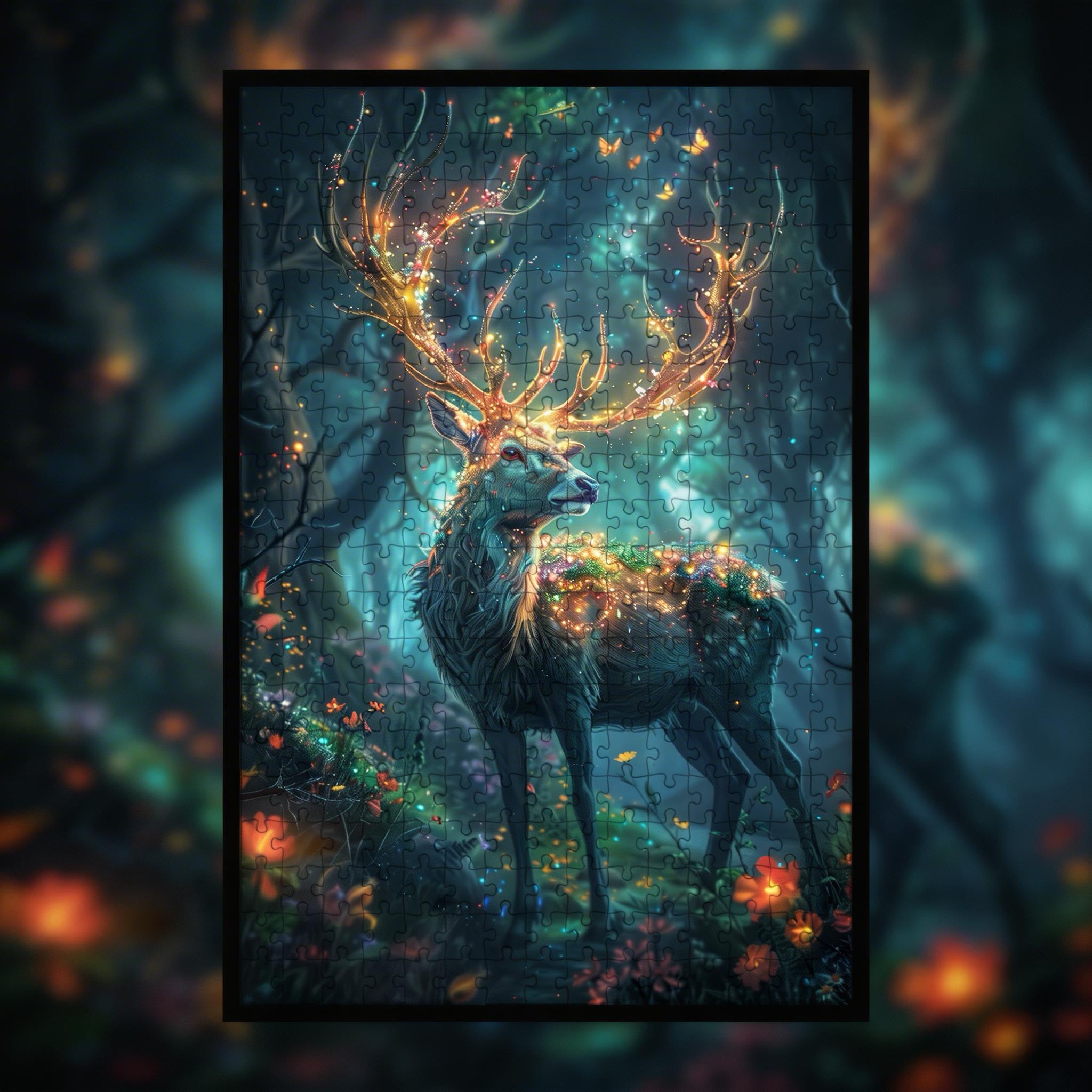 Starlit Stag Shaped Wooden Jigsaw Puzzle - Enchanted Forest Wood Puzzle for Adults