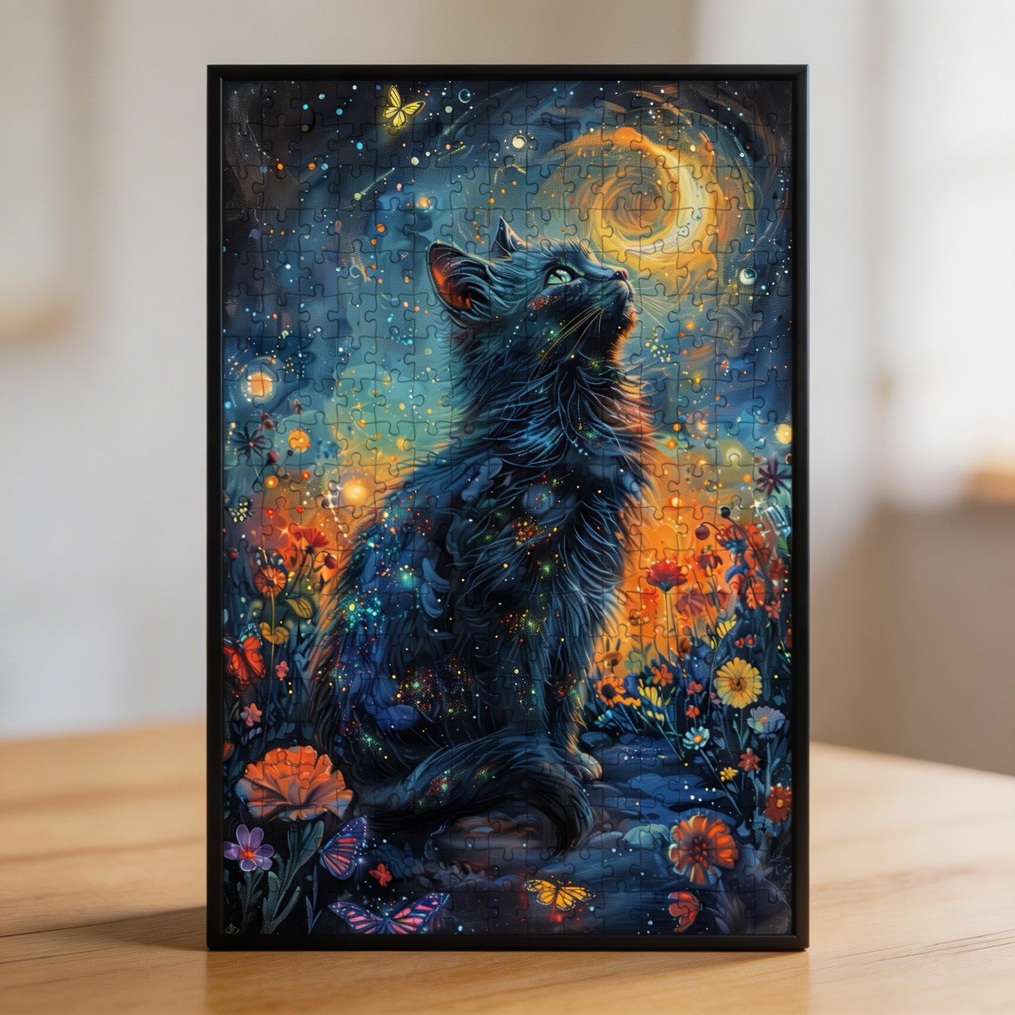 Starry Night Black Cat Shaped Wooden Jigsaw Puzzle - Cosmic Floral Wood Puzzle for Adults