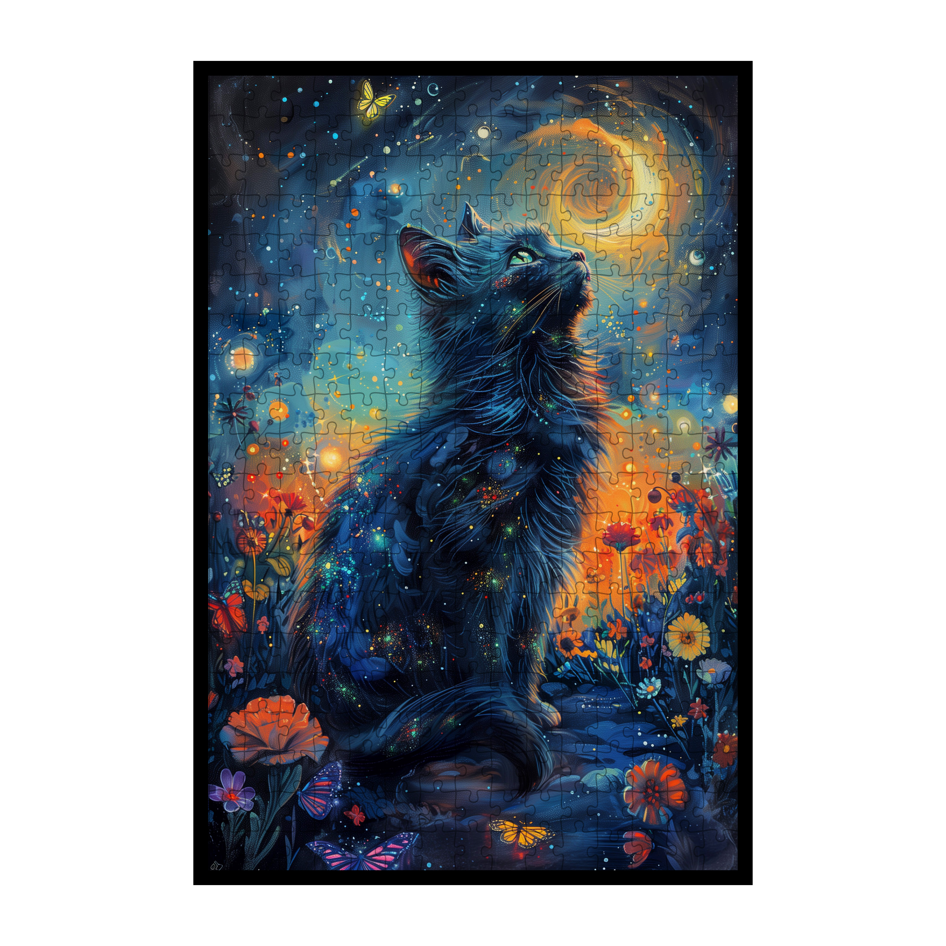 Starry Night Black Cat Shaped Wooden Jigsaw Puzzle - Cosmic Floral Wood Puzzle for Adults