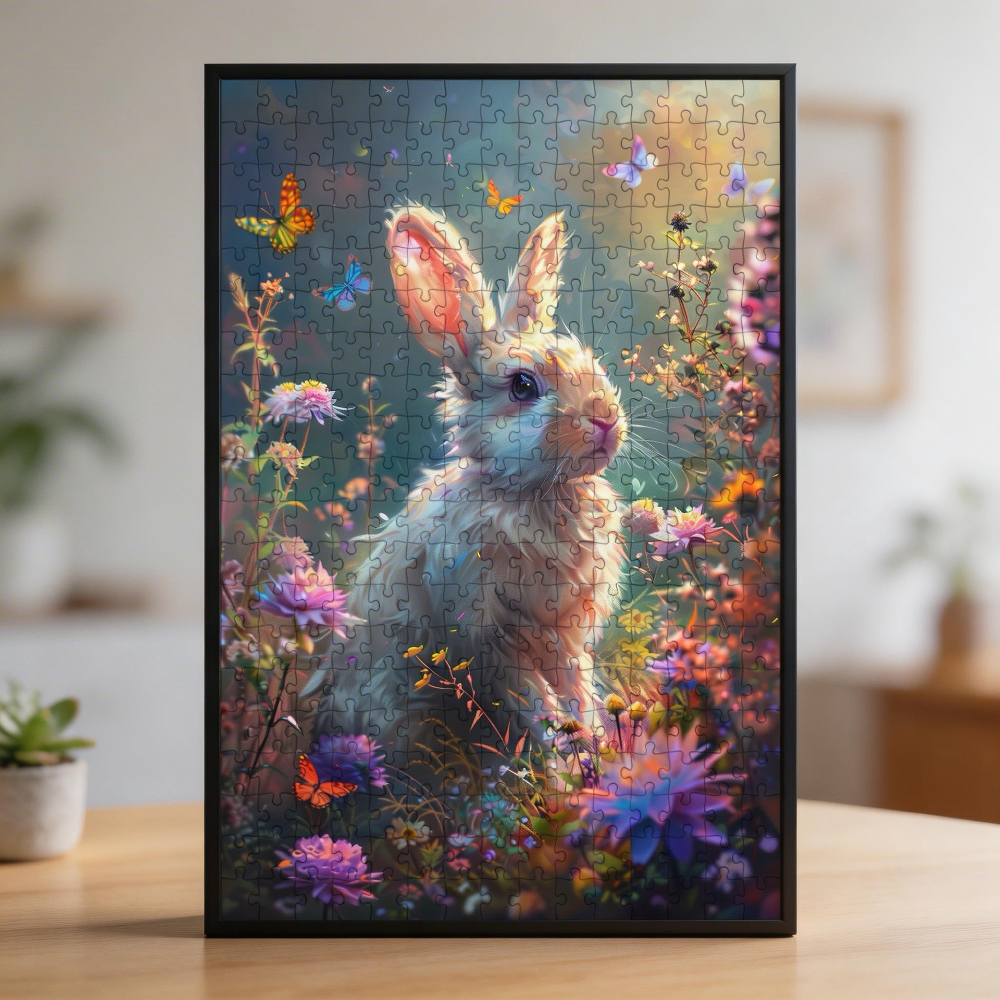 Sunlit Garden Bunny Shaped Wooden Jigsaw Puzzle - Floral Animal Wood Puzzle for Adults & Kids