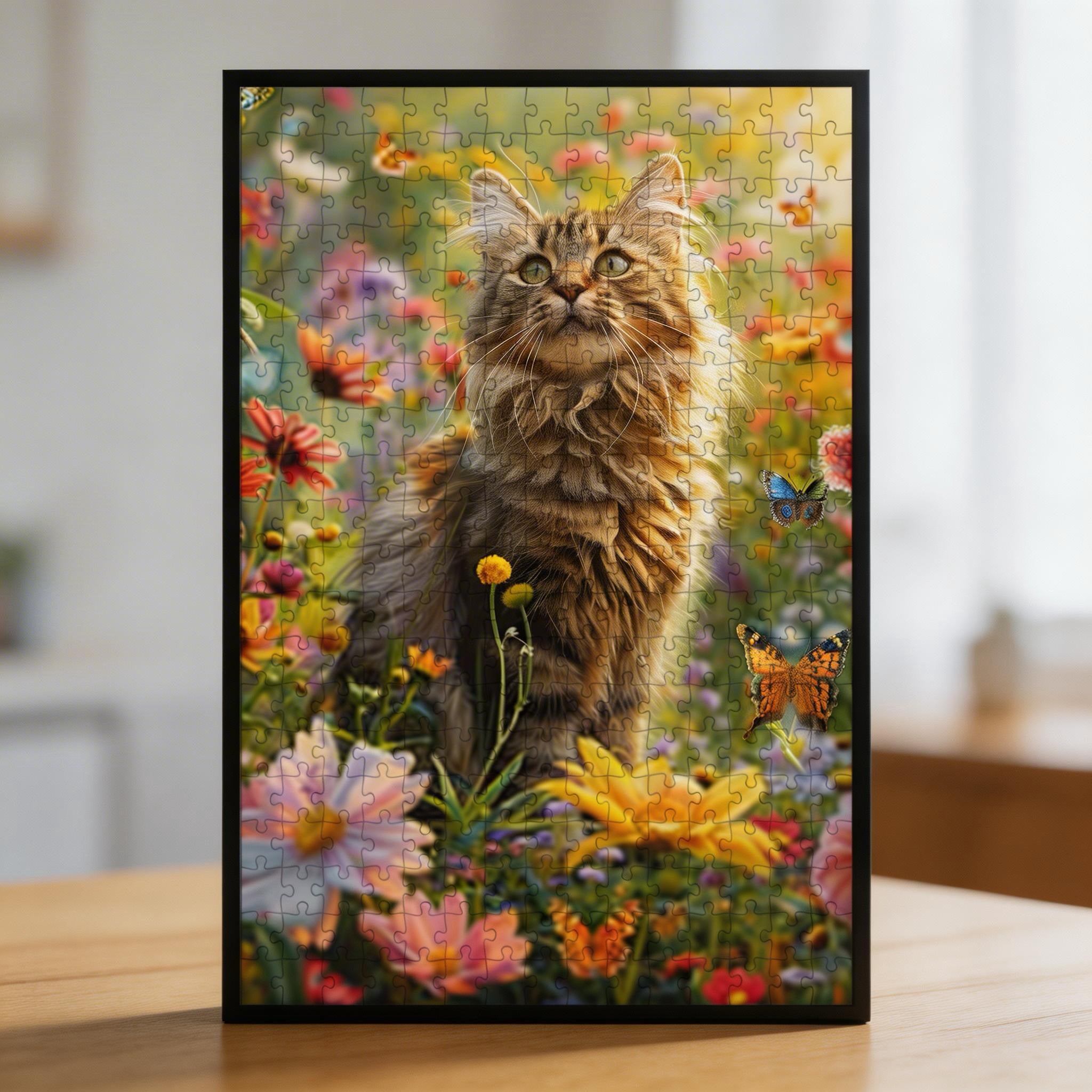 Sunny Garden Cat Shaped Wooden Jigsaw Puzzle - Floral Wildlife Wood Puzzle for Adults