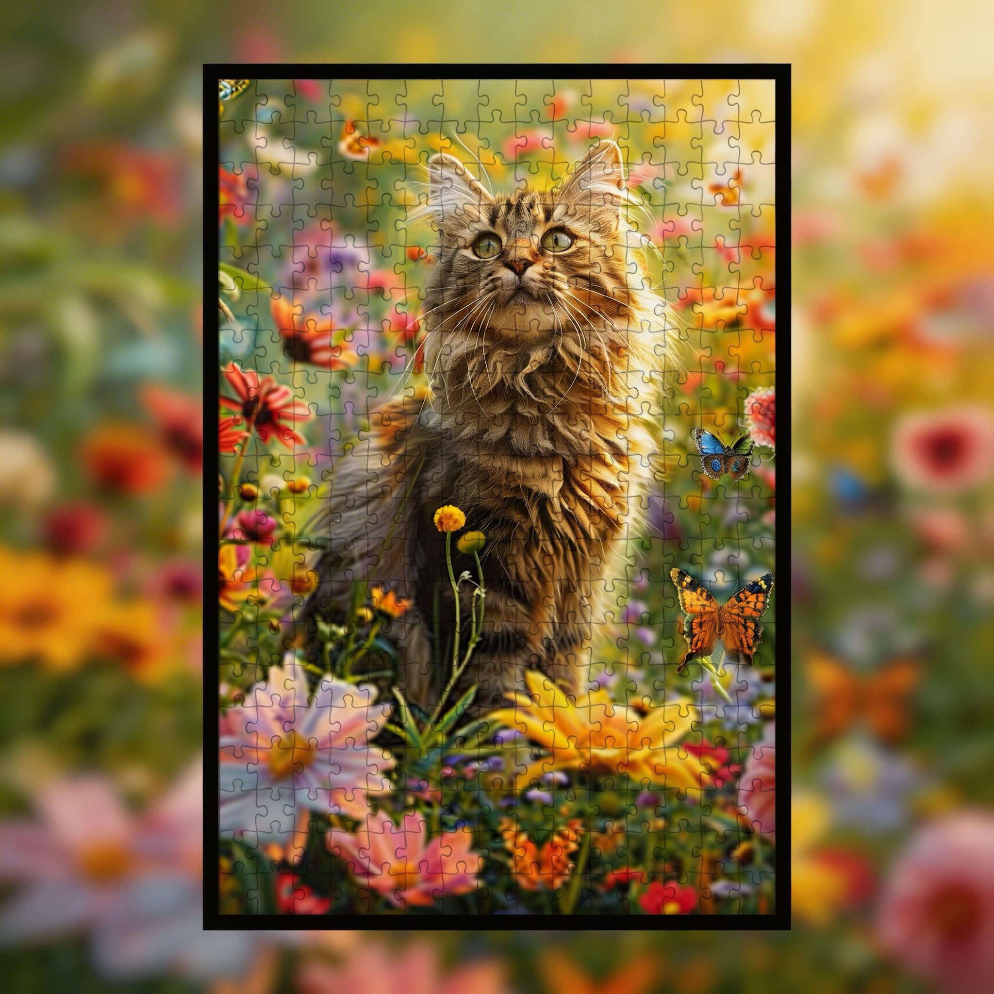 Sunny Garden Cat Shaped Wooden Jigsaw Puzzle - Floral Wildlife Wood Puzzle for Adults
