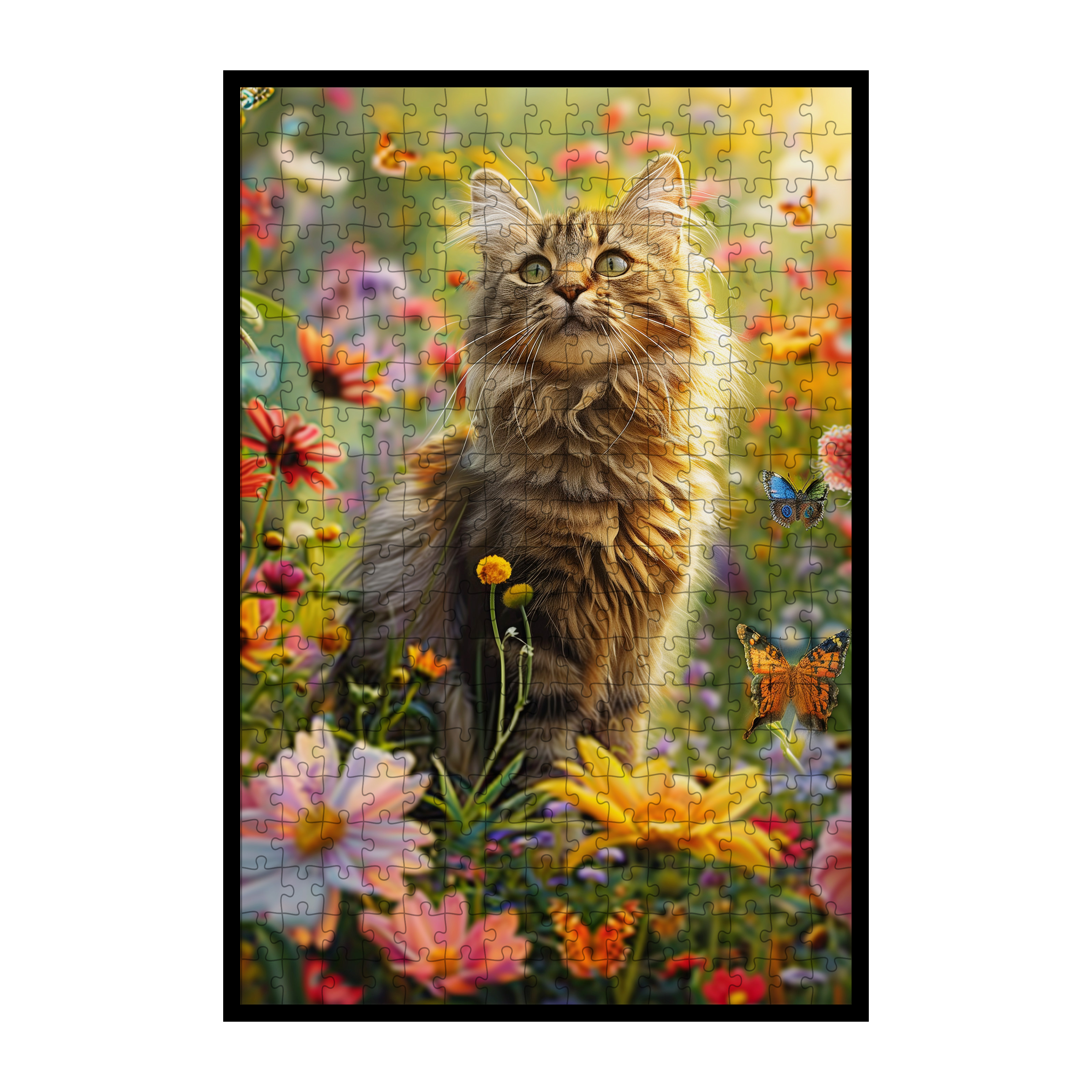 Sunny Garden Cat Shaped Wooden Jigsaw Puzzle - Floral Wildlife Wood Puzzle for Adults