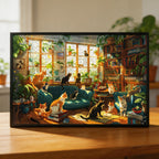 Sunny Library Cat Gang Wooden Jigsaw Puzzle - Cozy Study Feline Wood Puzzle