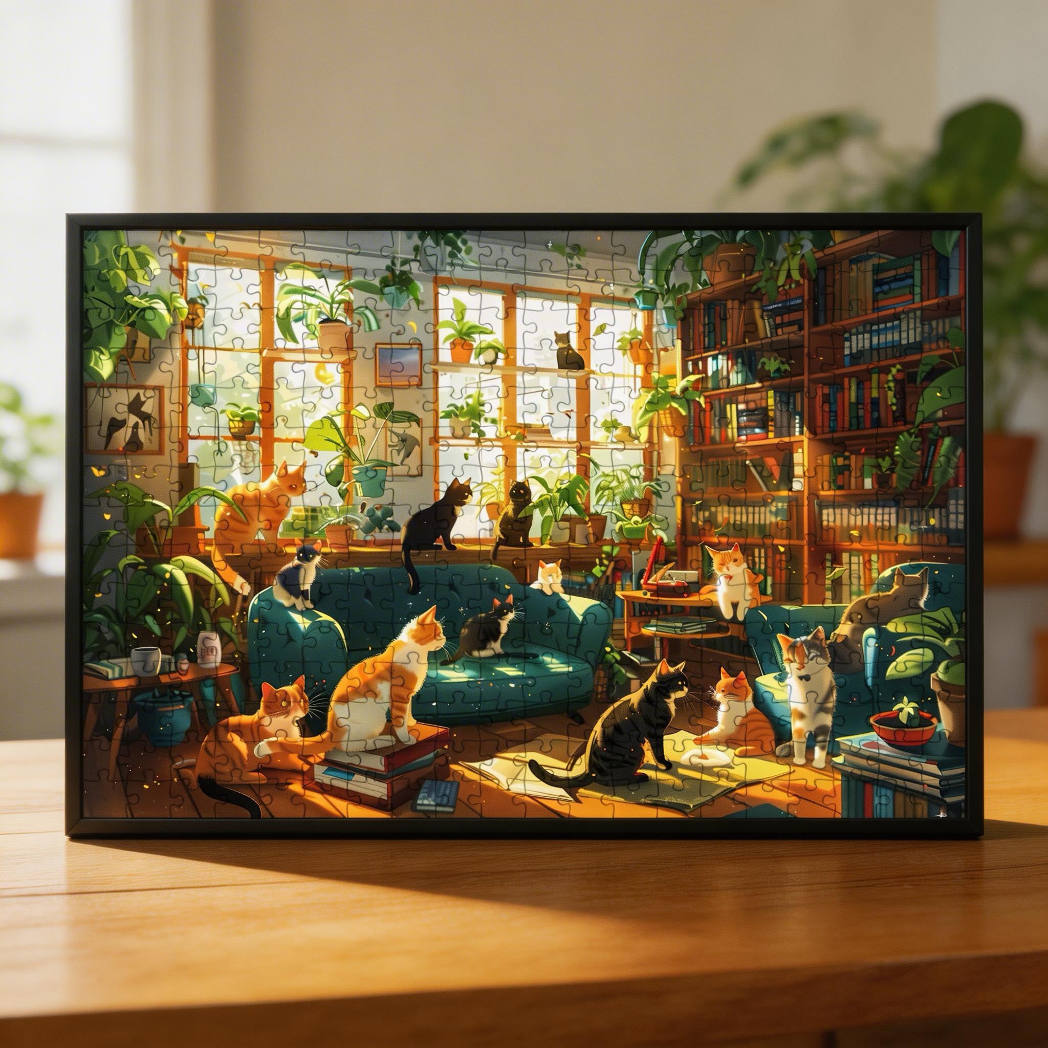 Sunny Library Cat Gang Wooden Jigsaw Puzzle - Cozy Study Feline Wood Puzzle