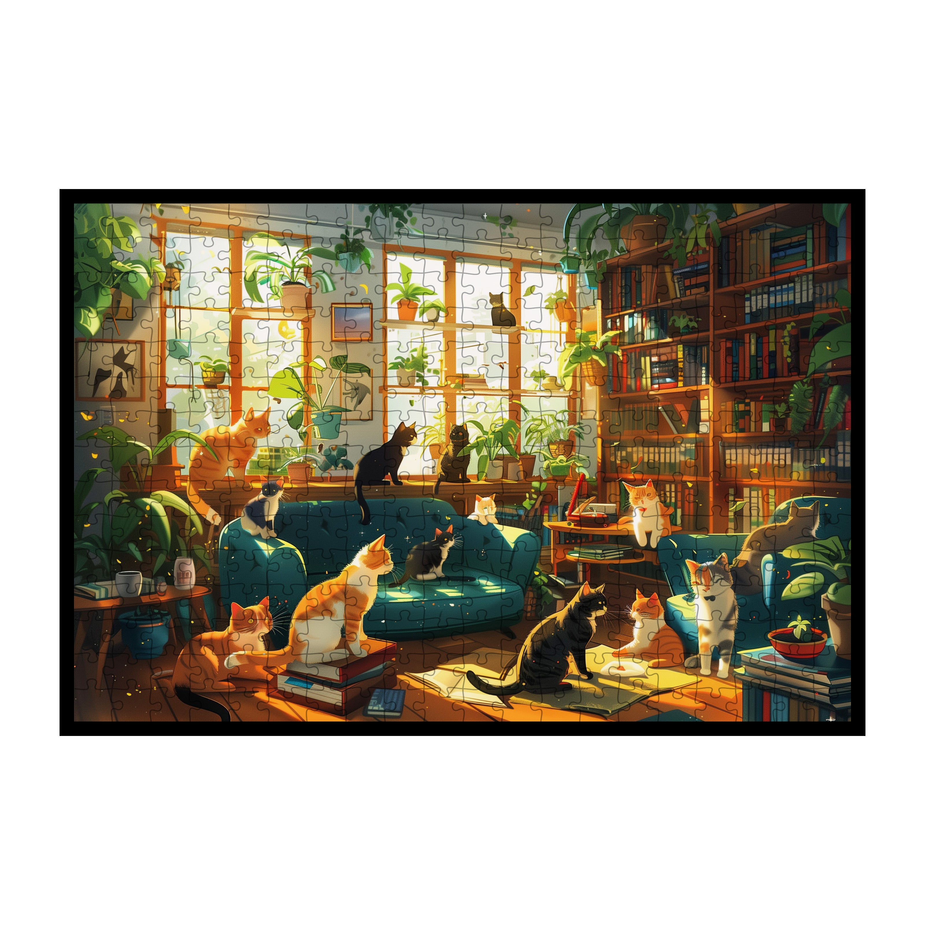 Sunny Library Cat Gang Wooden Jigsaw Puzzle Framed, Cozy Study Wall Decor